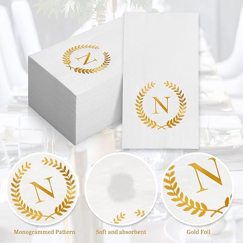 Miniatura 10 de Paquete de 200 servilletas desechables con monograma de lámina dorada con letra G, toallas de papel desechables para boda, compromiso, baby shower,