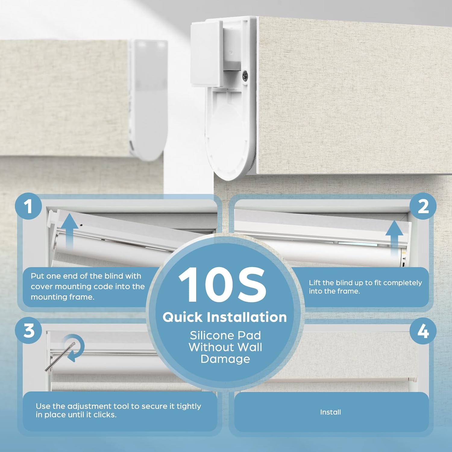 No-Drill No-Tools Motorized Roller Blinds【Solar Panel Included】 with Remote Control 100% Blackout Grasscloth Fabric Smart Blinds Windows Cordless Compatible with Alexa Beige,47W×72“H
