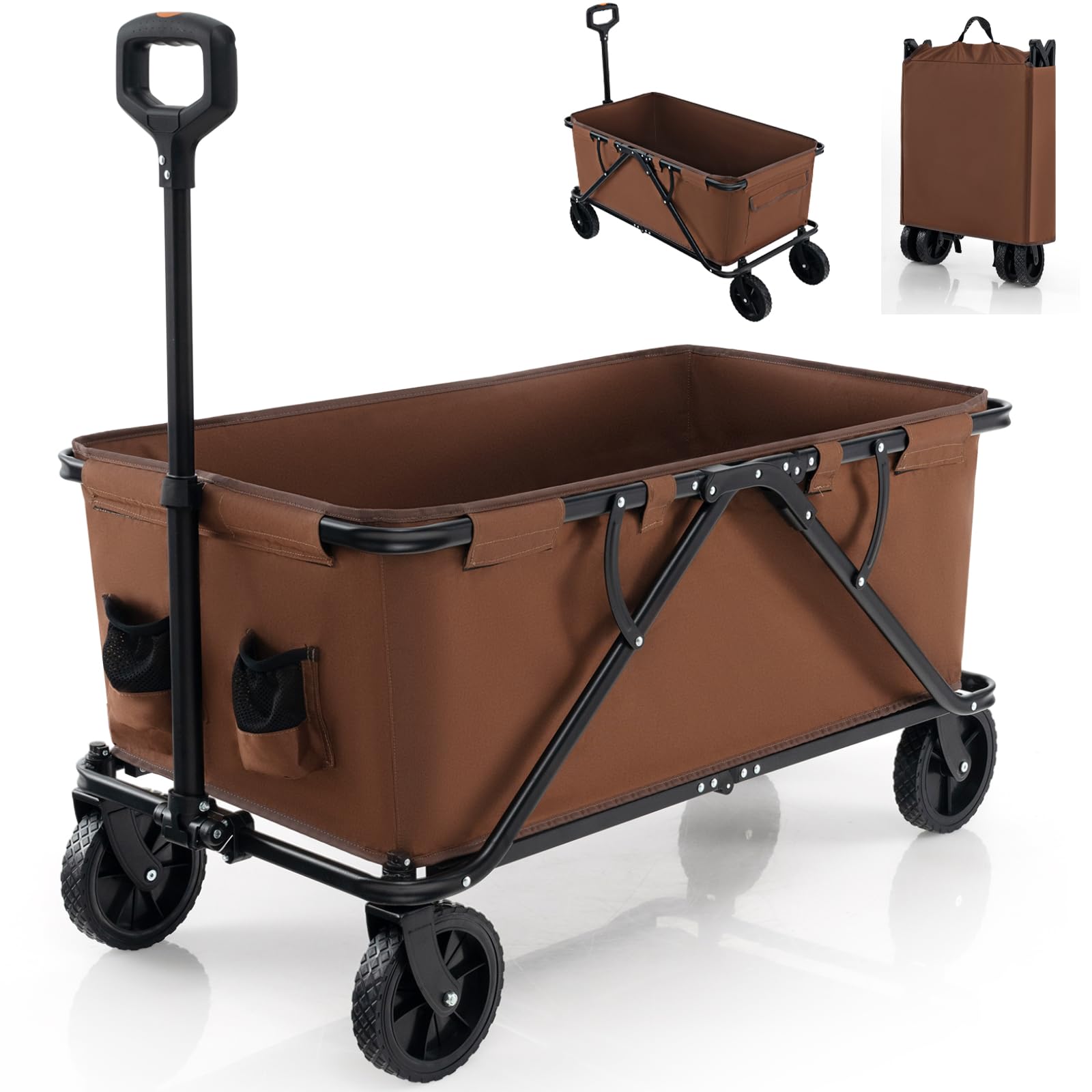 GiantexUK Folding Garden Trolley Cart, Garden Wagon with Adjustable Handle, Bottle Holders, All-terrain Wheels & Bag, Collapsible Shopping Beach Camping Festival Trolley, 170L/100KG Capacity (Brown)