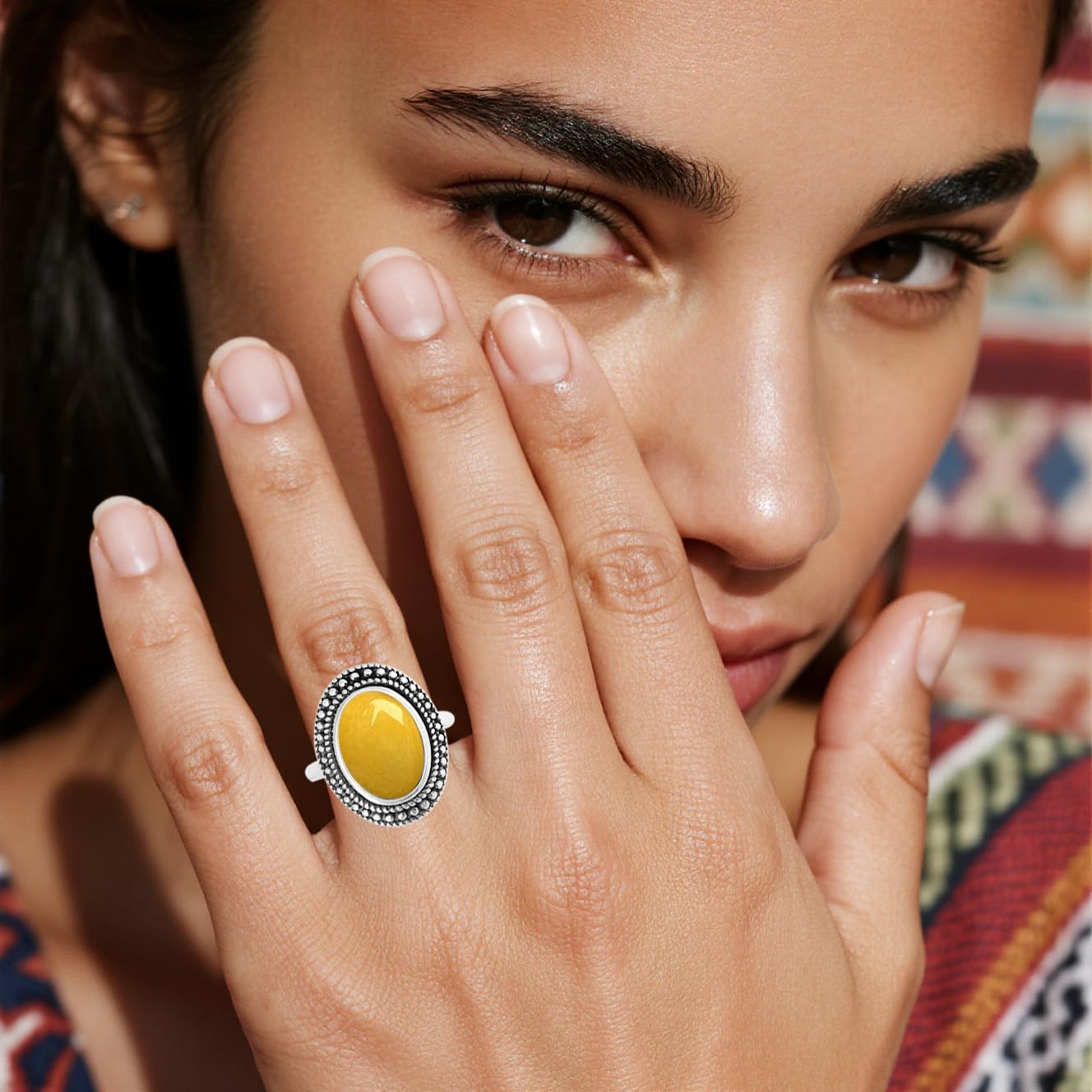 Retro Sterling Silver Stone Ring,Antique Natural Real Oval Crystal Quartz Gemstone Boho Bohemian Ring Jewelry for Women