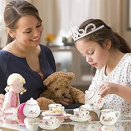 Porcelain Tea Set for Girls, Tea Party Set for Little Girls, Kids Tea Set Kitchen Pretend Play, Princess Tea Time Playset with Ceramic Teapot Cups Carry Case, Toddler Girl Toys Birthday Gifts Age 3+