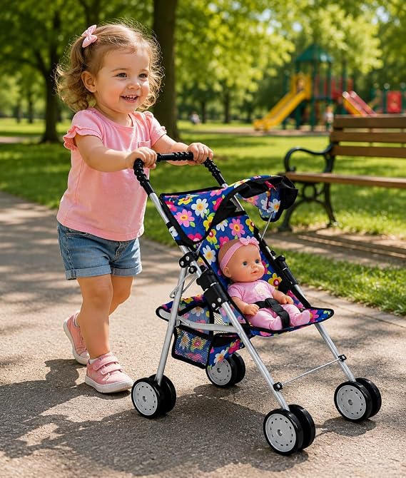 fash n kolor My First Baby Doll Stroller for Kids Foldable Toy Stroller for 18 Inch Dolls with Storage Basket Double Wheels & Foldable Canopy Pretend Play Doll Stroller, Flower Design