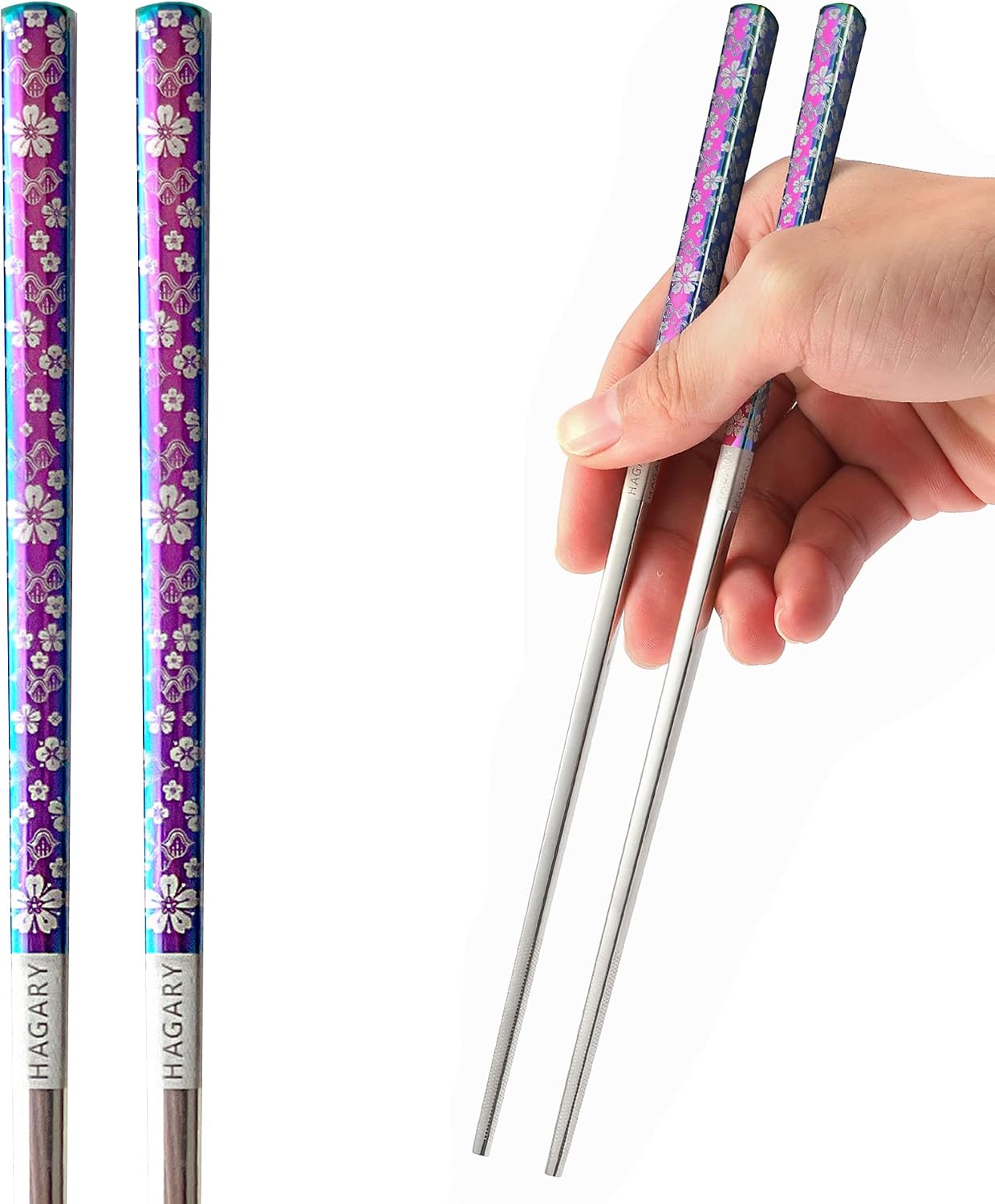 Hagary Cherry Blossom Rainbow Chopsticks Metal Chopsticks Reusable Designed In Korea Japanese Style Stainless Steel 316 18/10 Non-Slip Dishwasher Safe (5 Pairs)