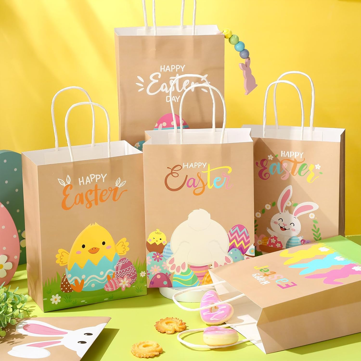 Pasimy 18 Pcs Easter Gift Bags Bulk with Handles Happy Easter Day Kraft Paper Bunny Colorful Eggs Goodie Treat Bags for Candy Cookies Snacks Spring Party Favor Supplies Hunt,8.7 x 6.3 x 3.2 Inch - Image 4