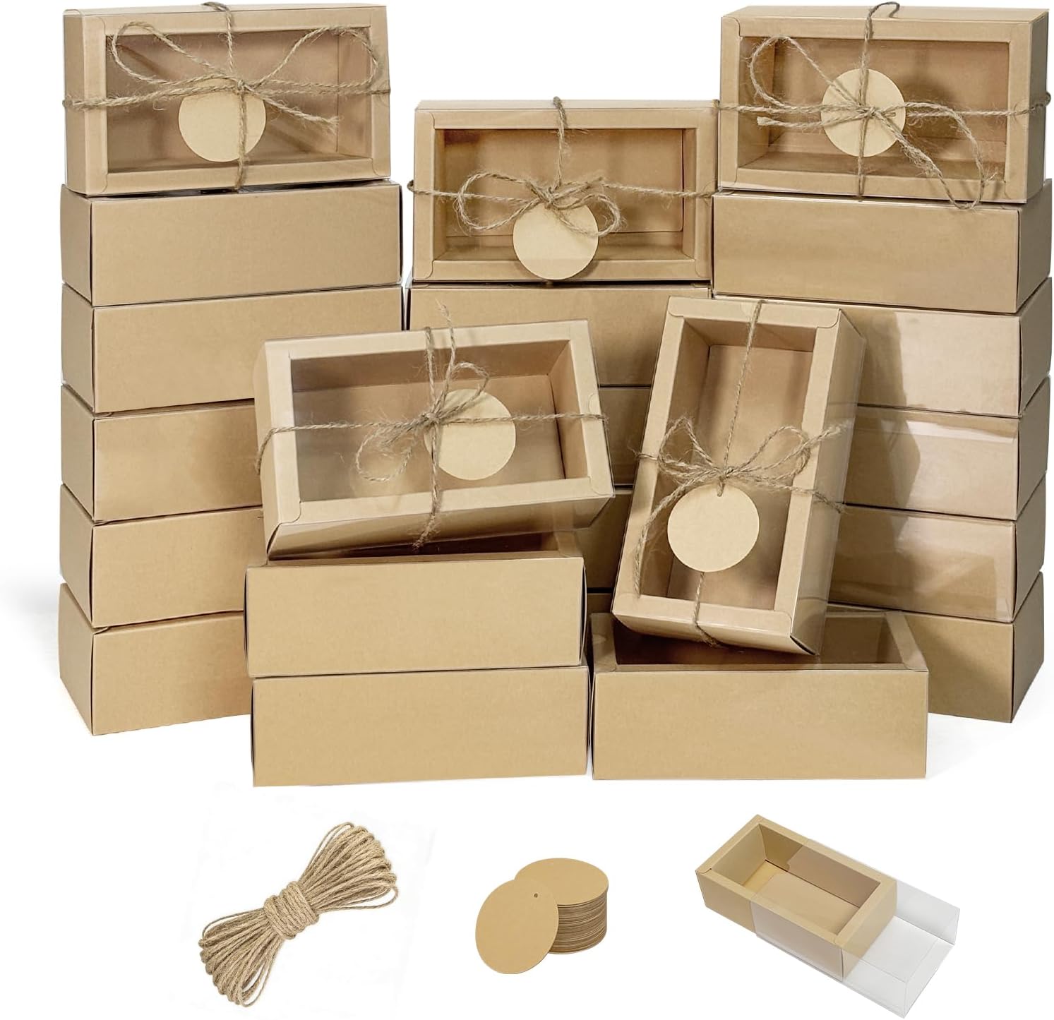 Conchpeople 30 Pcs Drawer Kraft Boxes, 6.5 x 3.5 x 2 IN Cardboard Gift Boxes with Clear Window for Party Favor Treats, Candy and Jewelry, Kraft Soap Packaging Boxes