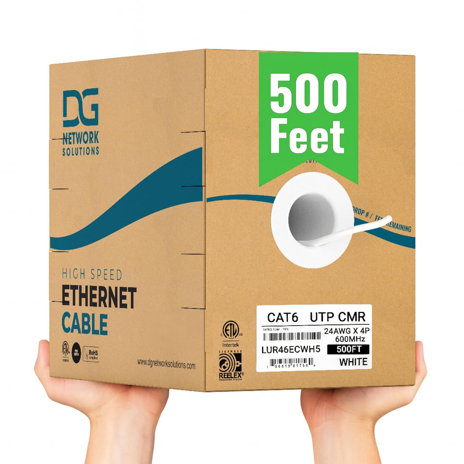 DG Cat6 Riser (CMR), 500ft, Unshielded, 24AWG, with Spline (+), Solid Bare Copper, 600MHz, ETL Listed, Indoor/Home/Commercial Use, Bulk Ethernet Cable, White