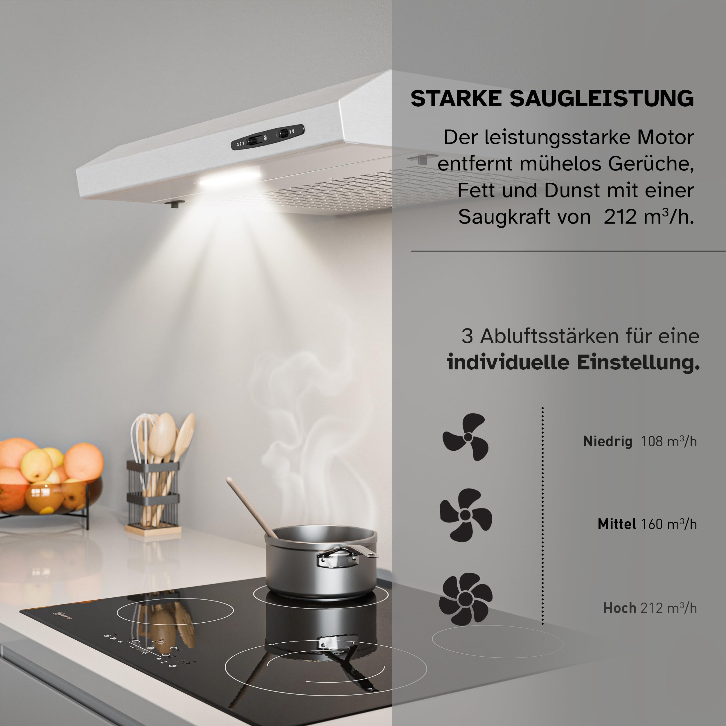 HEINRICHS Dunstabzugshaube 60cm Unterbauhaube Abluft/Umluft 212m³/h LED 3 Stufen Kohlefilter 87W Edelstahl