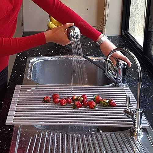 Miniatura 7 de Ahyuan - Escurridor de platos grande enrollable para fregadero, cuadrado, barras sólidas multiuso, revestidas de silicona, acero inoxidable,