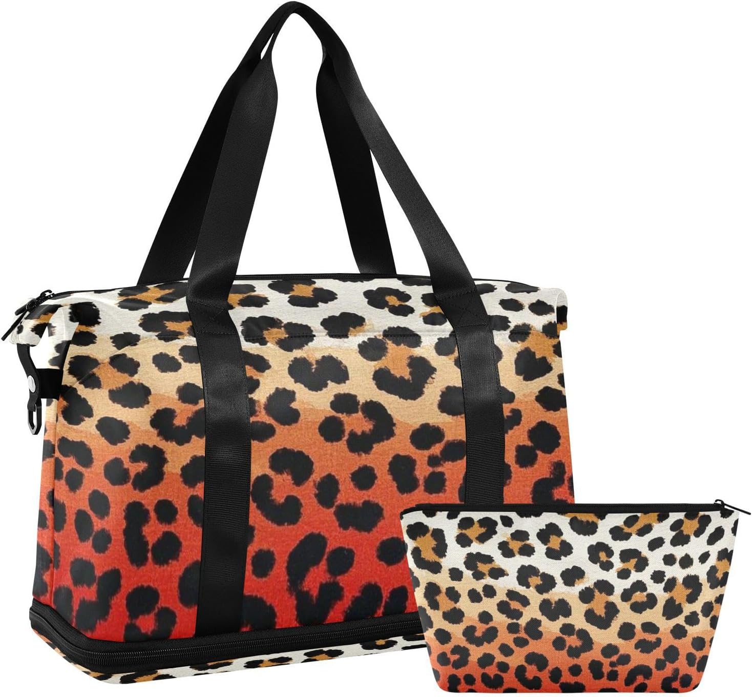 Cheetah Fur Skin Red Brown Gradient Travel Tote Gym Bag Carry On Personal Item Bag with Toiletry Bag for Gym 2 Pcs Set