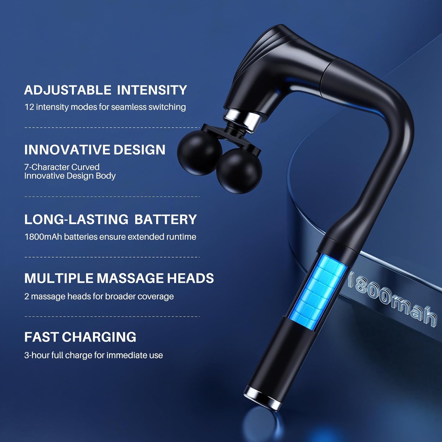 Dual-Head Massage Gun Deep Tissue with Extension Handle, Percussion Muscle Massager for Back, Neck, Shoulders, Waist & Legs, 12 Speed Levels, 5 Replaceable Heads, Pain Relief (Black)