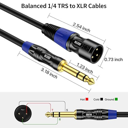 Miniatura 6 de EBXYA XLR macho a TRS de 14 de pulgada - Cable de micrófono XLR equilibrado a conector Jack de 0.250 in, paquete de 2 de 6 pies