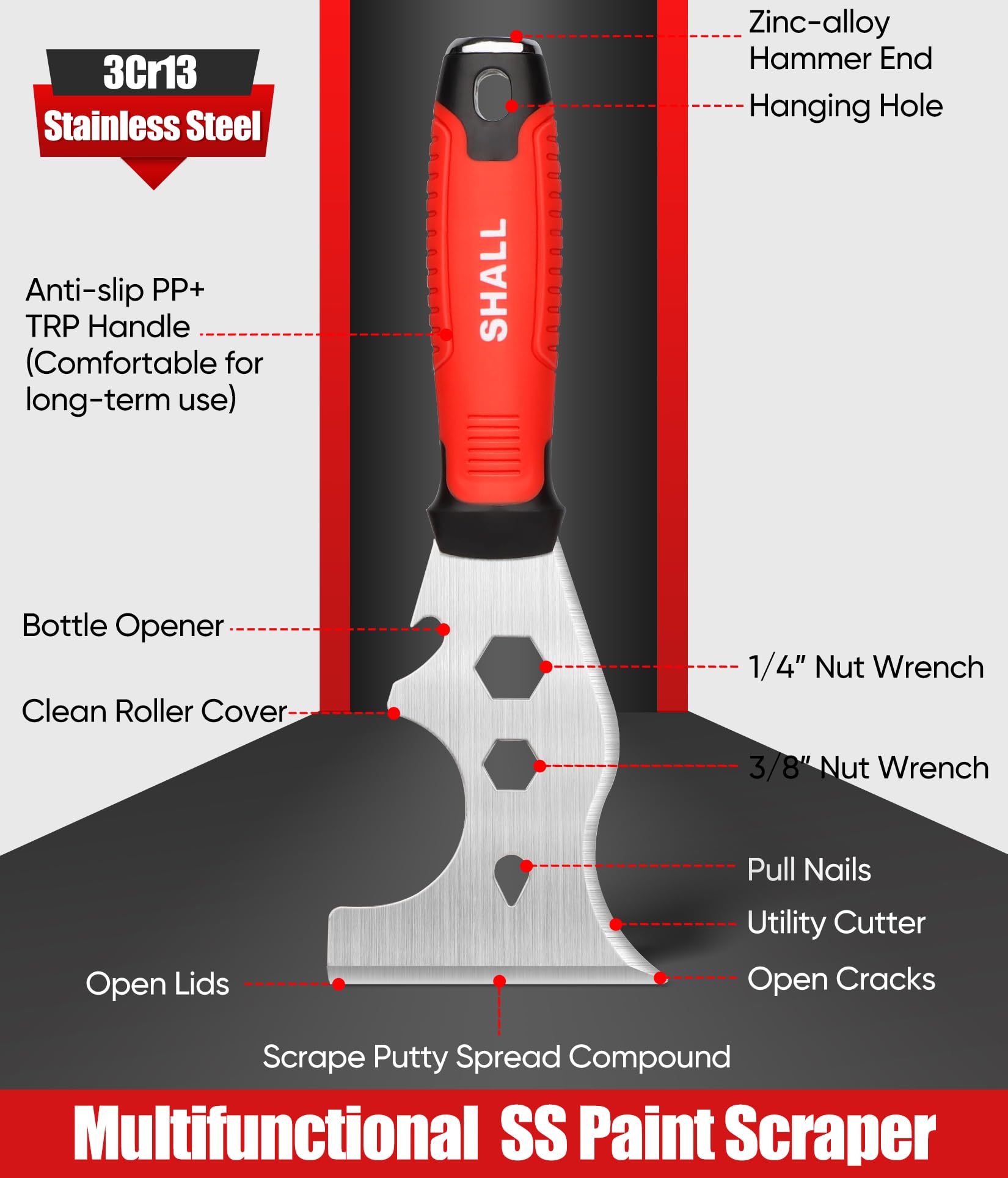 SHALL Drywall Tool Kit, 7 Pcs Stainless Steel Set Includes Putty Knife, Taping Knife, Painter Scraper Tool & 12" Mud Pan for Joint Taping, Finishing, Patching