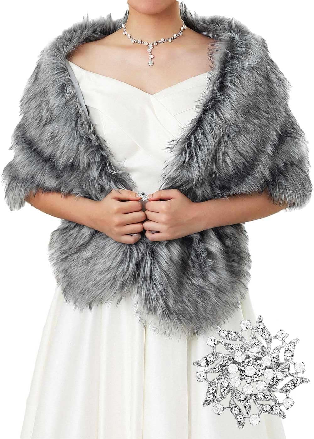 Women's Wedding Faux Fur Shawls and Wraps Bridal Fur Scarf Stoles with Brooch for Bride and Bridesmaids