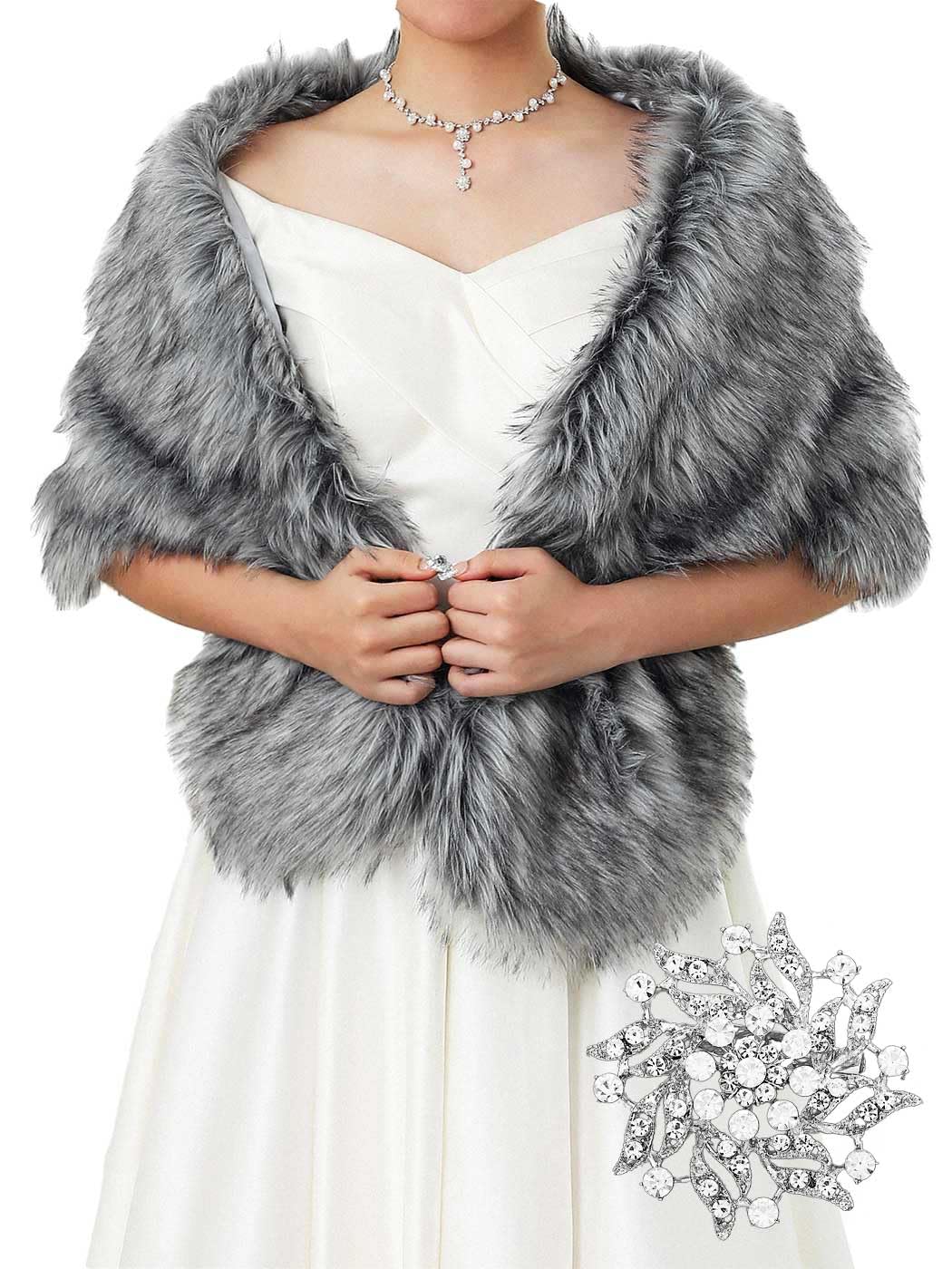 GORAIS Women's Wedding Faux Fur Shawls and Wraps Bridal Fur Scarf Stoles with Brooch for Bride and Bridesmaids