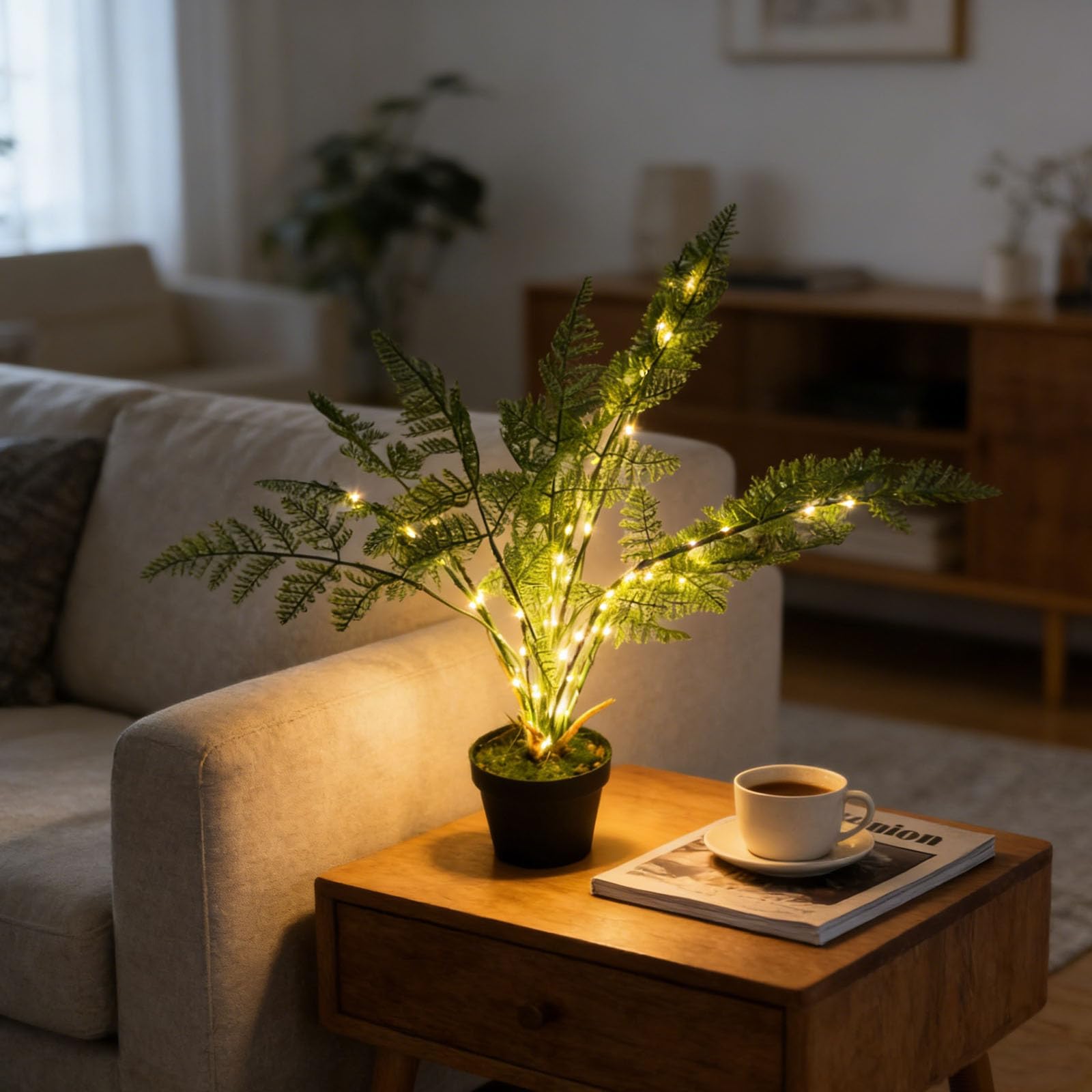 wpdash Fern Shaped Night Light Simulated Green Plant Design Desktop Potted Plant USB Powered Desk Lamp Suitable for Indoor Bars Kitchens Living Rooms Dining Tables
