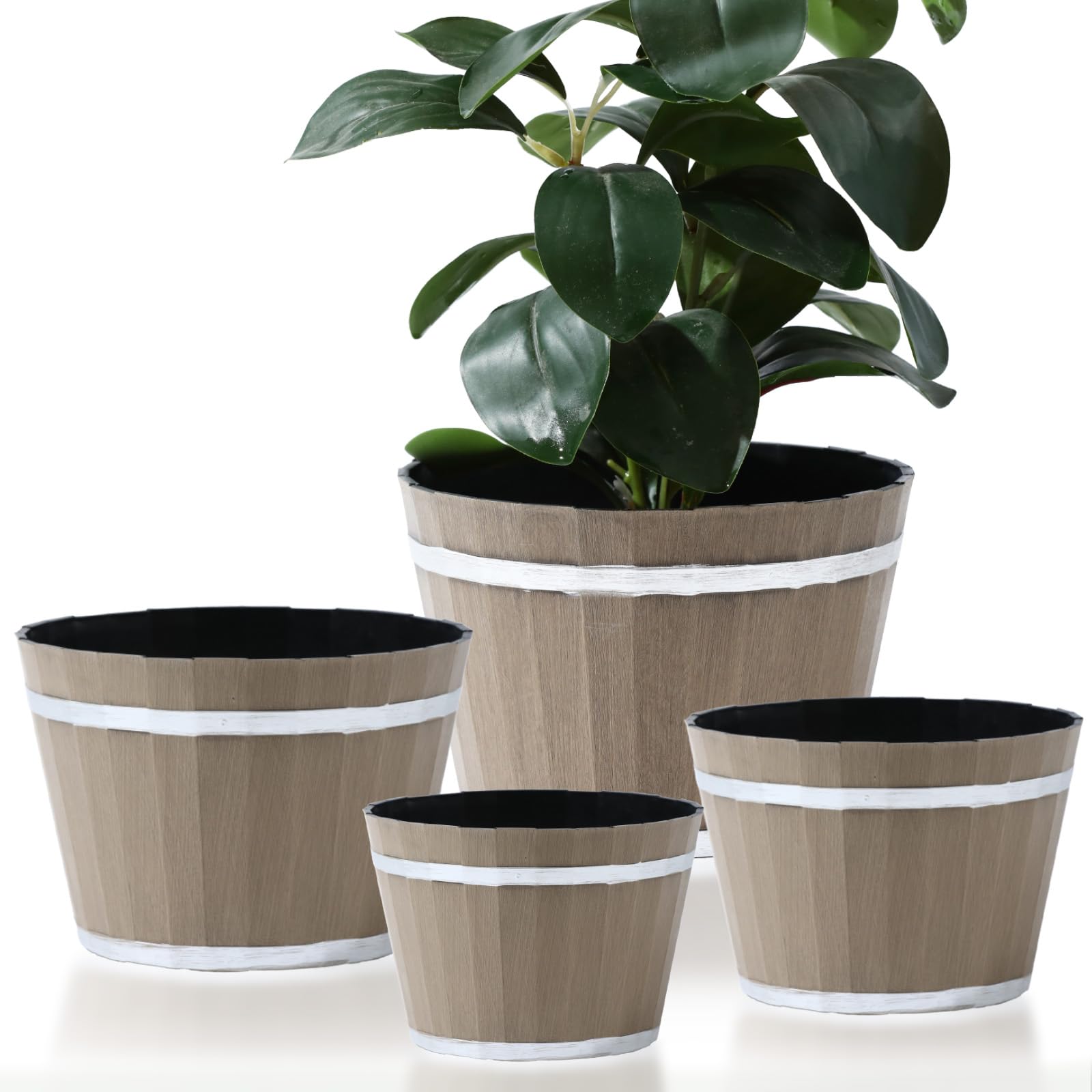 4Pack Plant Pots Whiskey Barrel Planter Flower Pot Planters with Drainage Holes Plastic Decoration Large Flower Pots for Indoor Outdoor Plants Garden