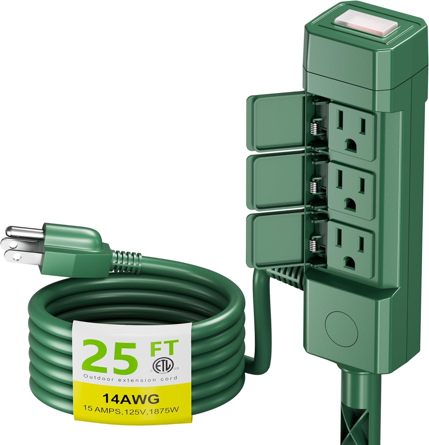 25ft Outdoor Extension Cord with Power Stake, 6-Outlet Power Strip Weatherproof, 14/3 SJTW Heavy Duty Power Cord, 15A/1875W for Backyard, Garden, Pool & Camping