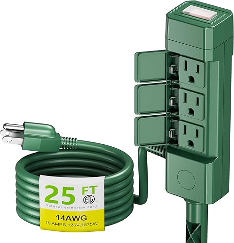 BN-LINK Cable de extensión para exteriores de 25 pies impermeable con estaca de alimentación, 6 tomas de corriente, resistente a la intemperie,