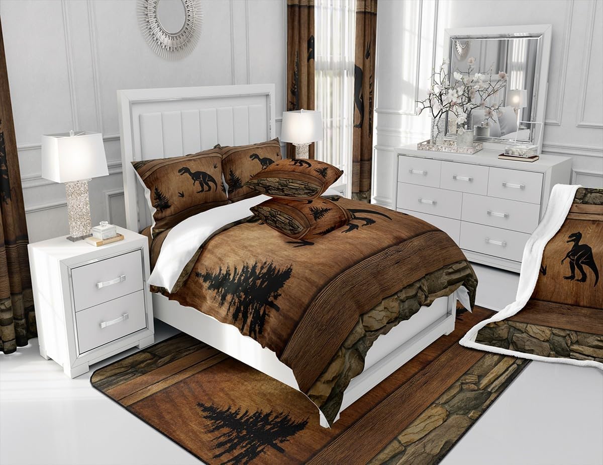 Manfei Dinosaur Kids Comforter Set Queen Size, Wild Animal Bedding Set for Boys Adults Bedroom Decor, Rustic Farmhouse Brown Wooden Plank Down Comforter, Soft Polyester Quilt Set, 2 Pillowcases