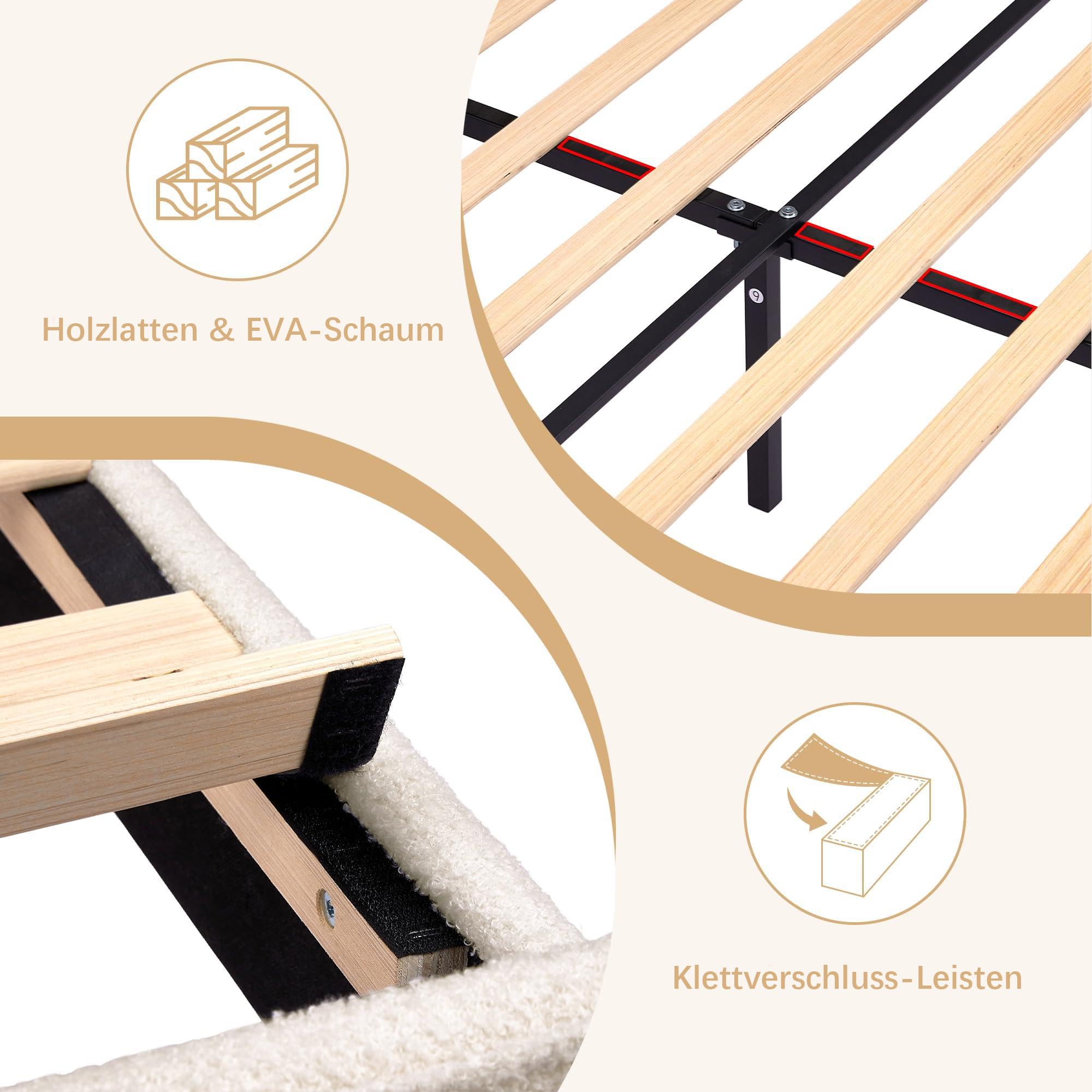 VECELO Polsterbett 140x200 cm Doppelbett, Bettgestell aus Teddy-Stoff mit höhenverstellbarem Kopfteil und Lattenrost aus Massivholz, 20 cm Stauraum unter dem Bett, modern, geräuscharm, beige