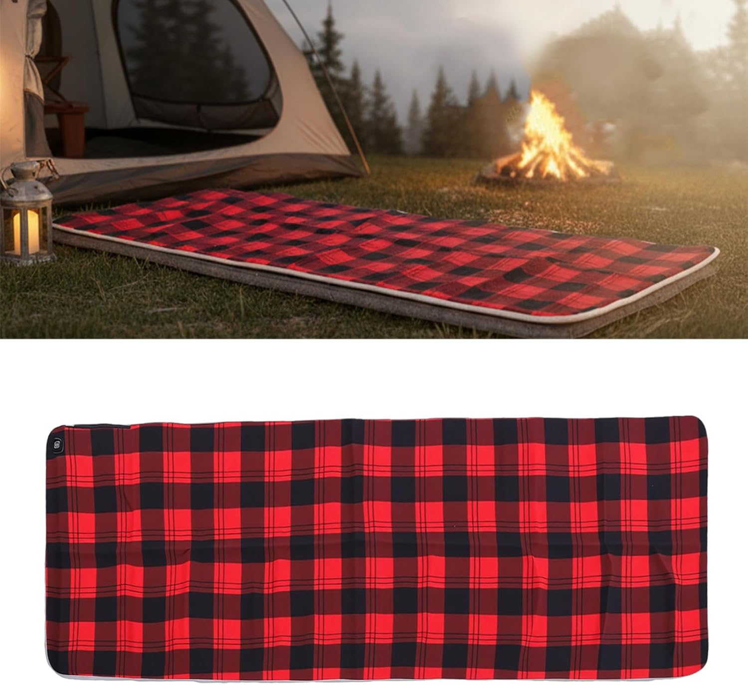 Heated Sleeping Bag Pad with 5 Heating Zones & USB Power, 3 Temp Levels, Red Plaid Fleece Liner for Camping, Hiking, Outdoor Use