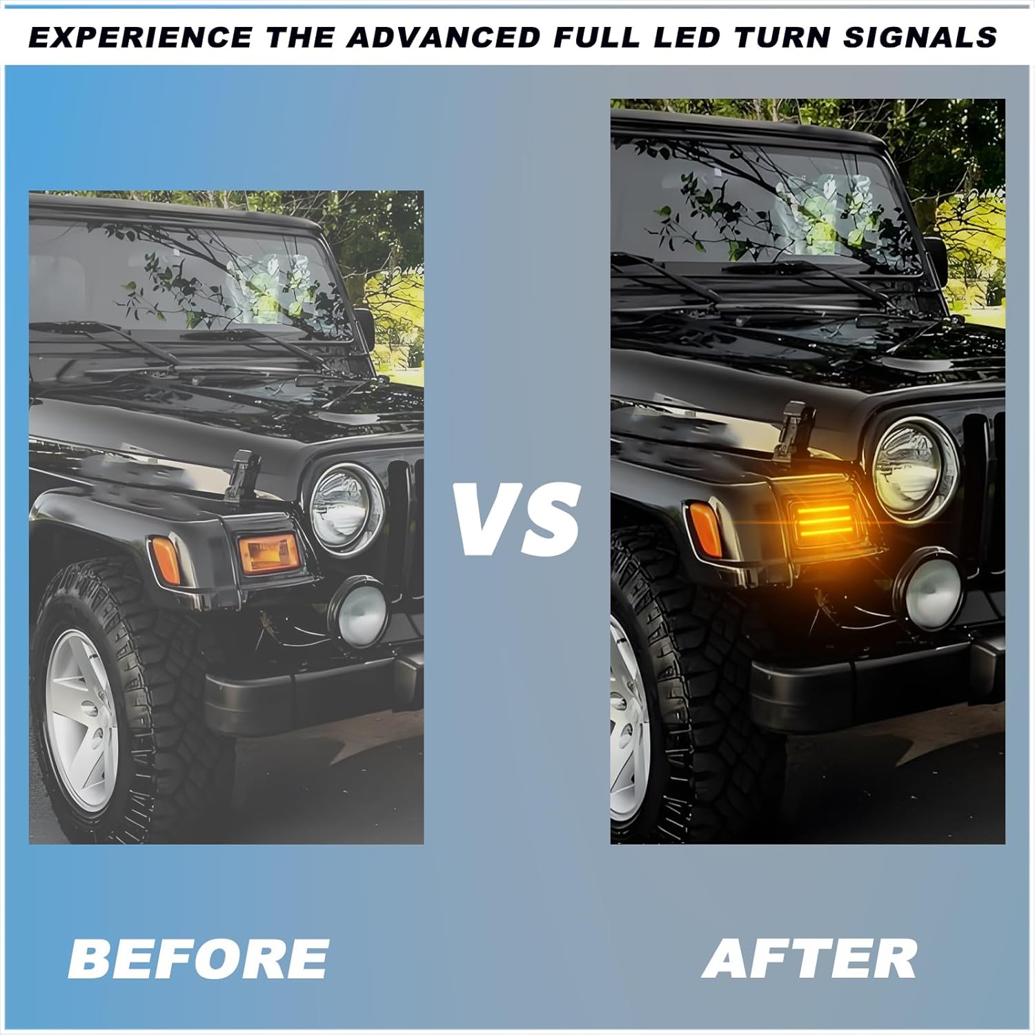 Smoked Front blinkers Kit for Jeep Wrangler TJ 1997-2006 | Switchback White DRL Daytime Running Lights & Amber Sequential Turn Signals | 2-Piece Replacement Front Bumper Indicator Lights
