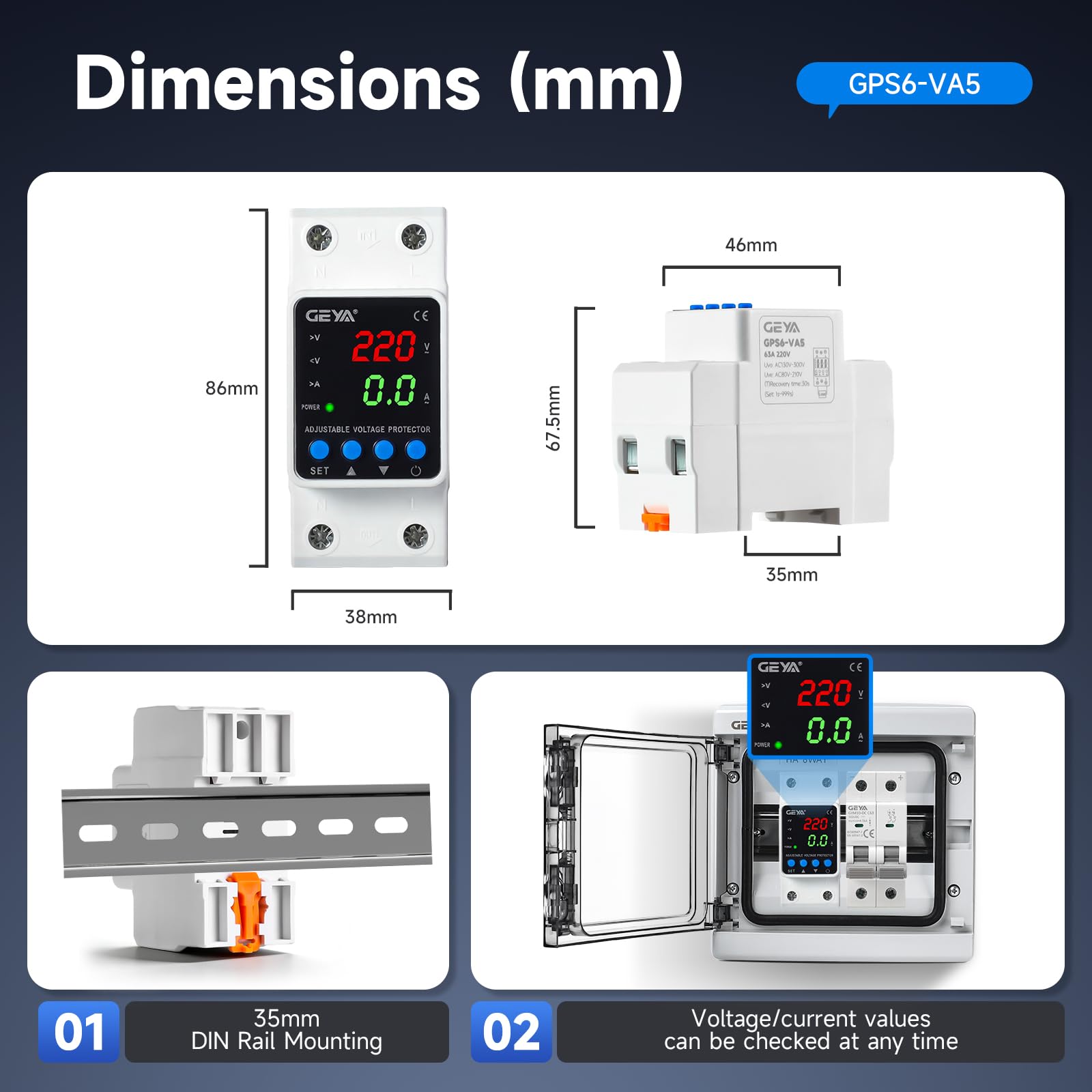 GEYA Dispositivo di protezione da sovratensione e sottotensione regolabile Display digitale Protezione tensione corrente KWH 220V Guida DIN(GPS6-VA5,63A)