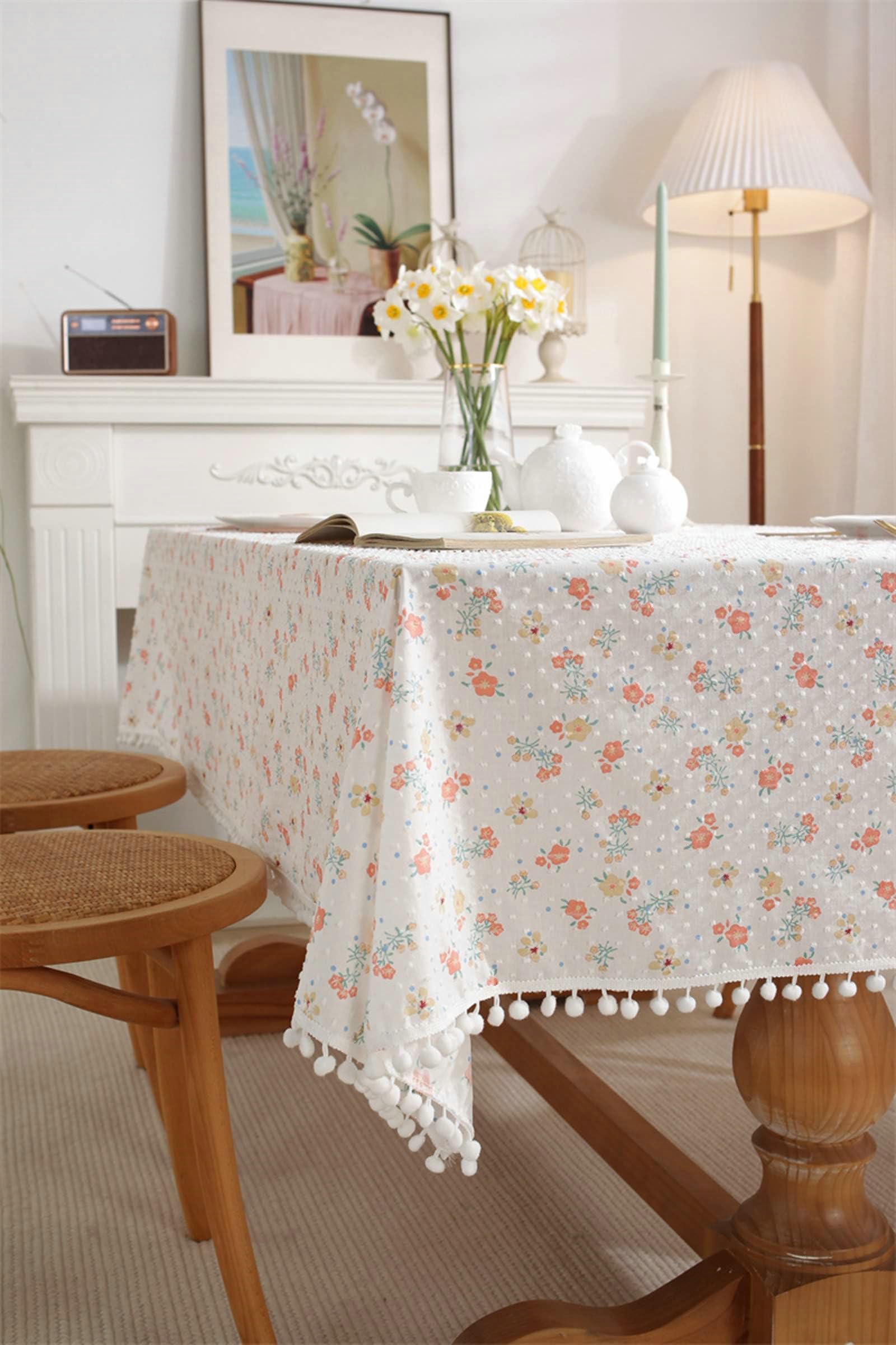 Gualiy Manteles Tela Mesa Rectangular, Algodón Manteles de Mesa de Tela 140x220CM Mantel de Cocina Lavable Flores Estampadas con Bolas Manteles para Mesa de Centro, Rosa