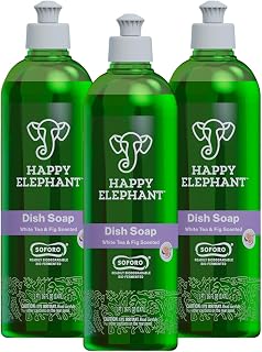 Happy Elephant Dish Soap, White Tea & Fig Scent, Natural Biodegradable Liquid Dish Soap, Plant Based, Grease Fighting, Tough on Food, Gentle on Hands, No Synthetic Fragrance, 12 Fl Oz, 3 Pack