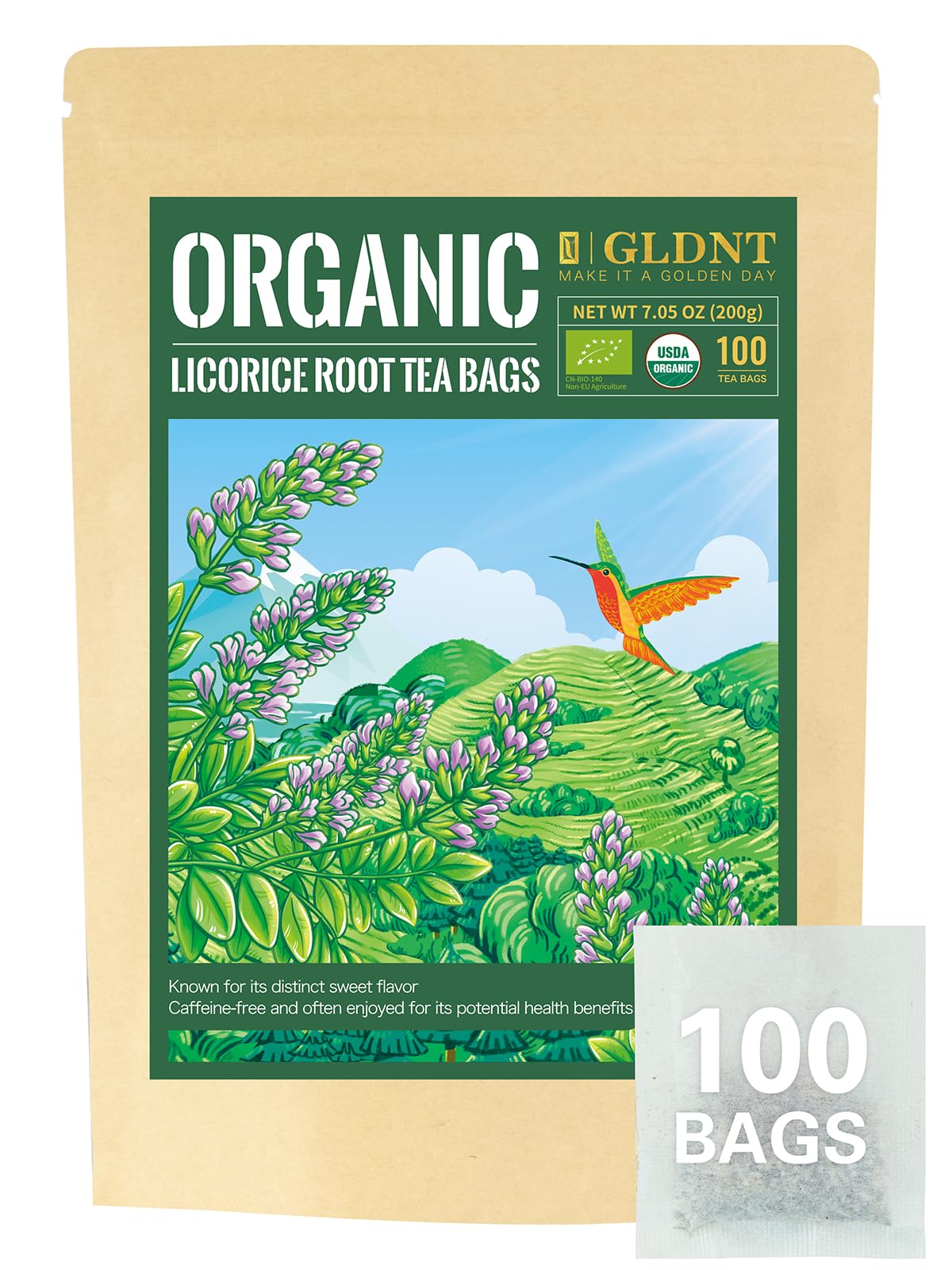 GLDNT Organic Licorice Root Tea Bags, Premium Natural Organic Licorice Tea, Warm & Natural Sweet Flavor, Caffeine Free, 100 Count