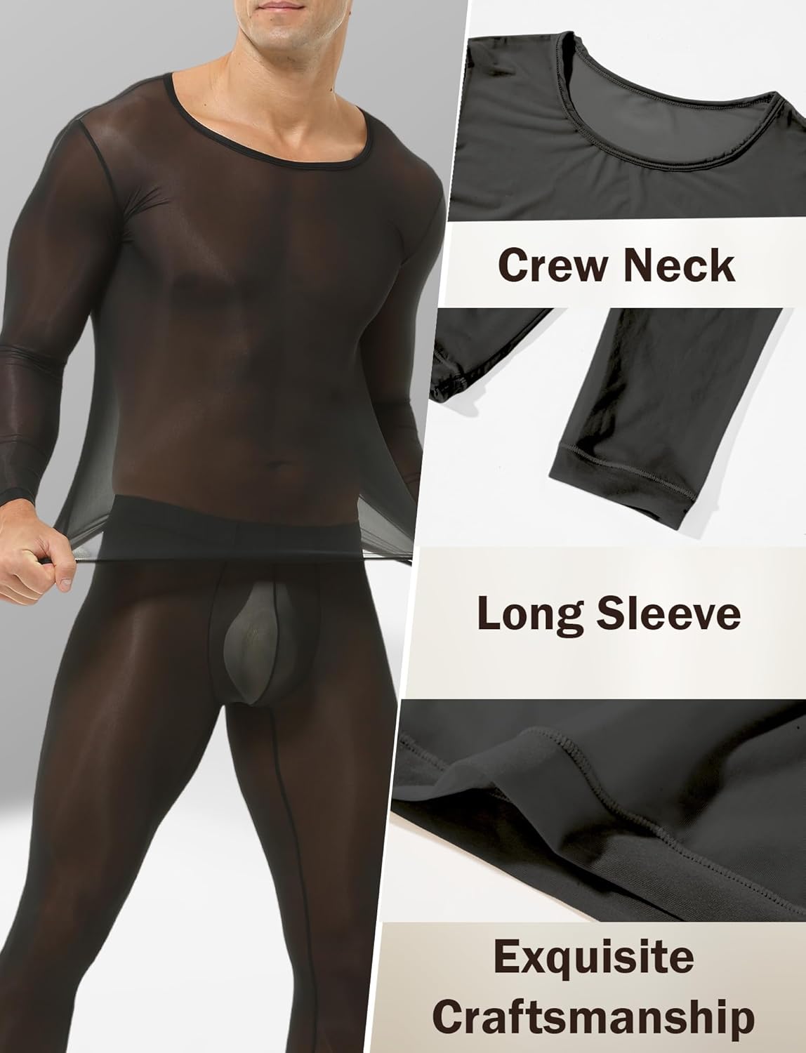 FEOYA Men's Silk Long Johns Ice Silk Long Underwear See Through Suit Long Sleeve and Leggings Tights Sheer Set