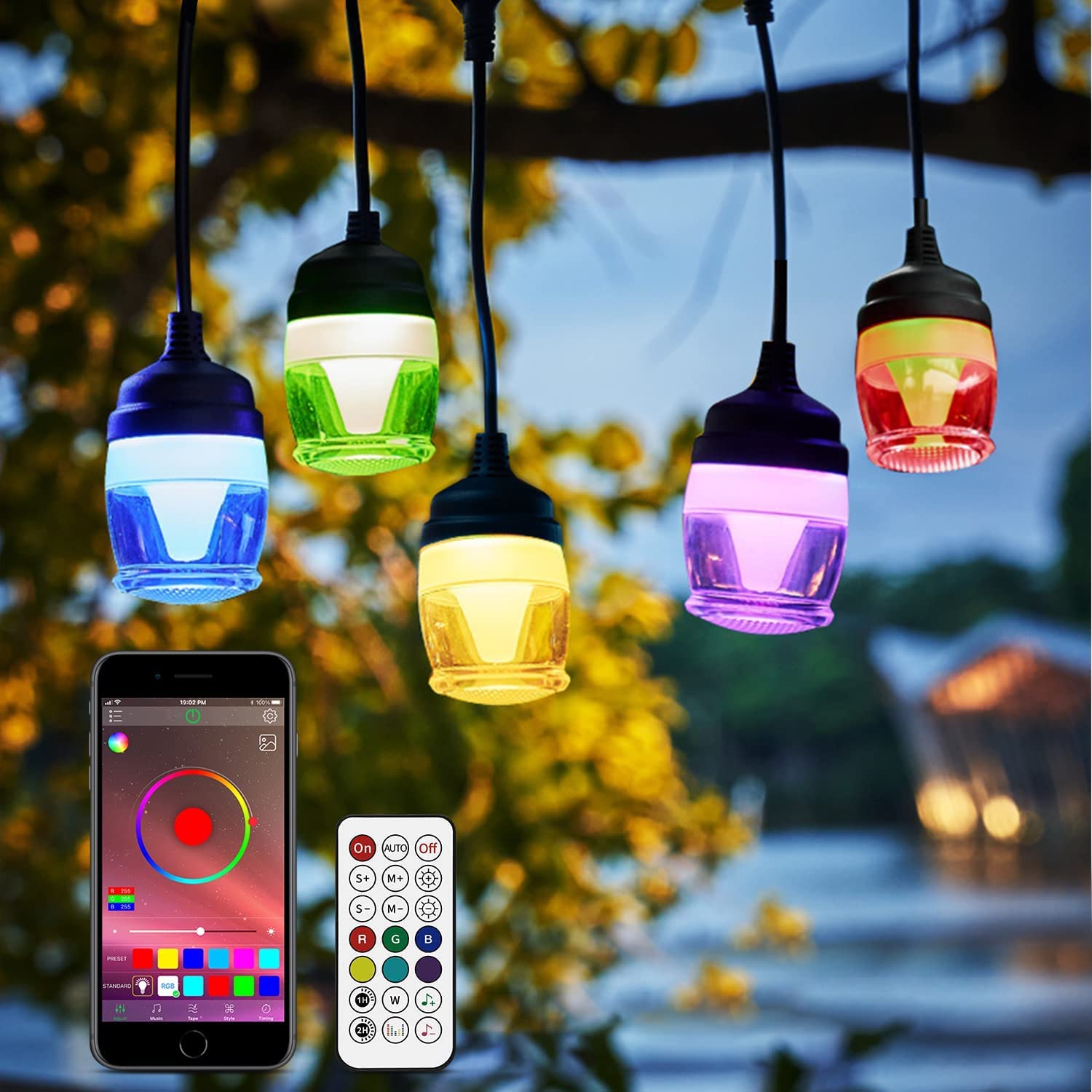 Sumkyle Outdoor String Lights, Multicolor & Color Changing Smart Lights, Music Sync/Bluetooth/App Control, 14 Hanging RGB Dimmable Shatterproof Bulbs, IP65 Waterproof for Backyard Garden Party
