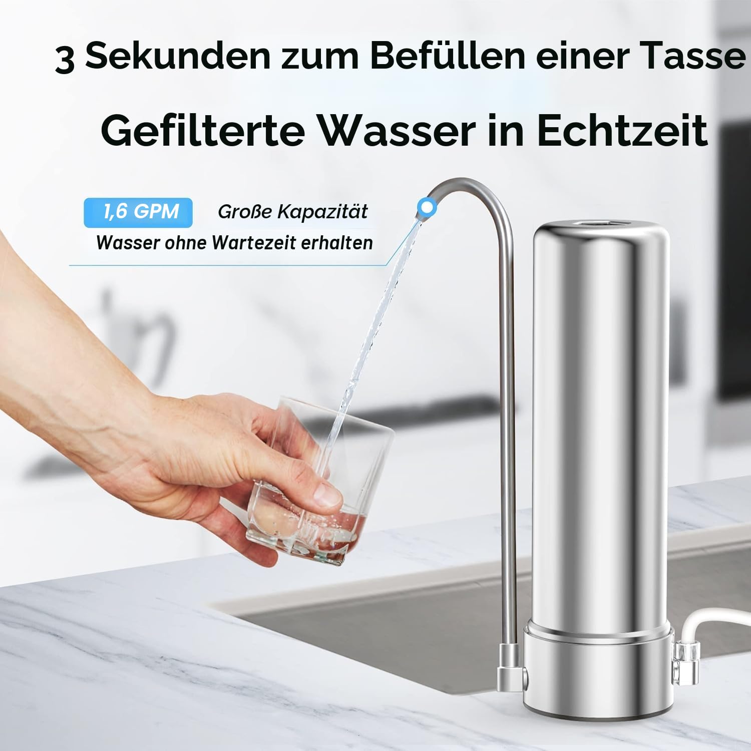Waterdrop WD-CTF-01 Auftischfilter, 5-Stufiger Edelstahl Trinkwasser Filtersystem, Langlebiger Wasserhahn Wasserfilter, Reduziert Chlor, Schwermetalle, Schlechter Geschmack (1 Filter Enthalten)