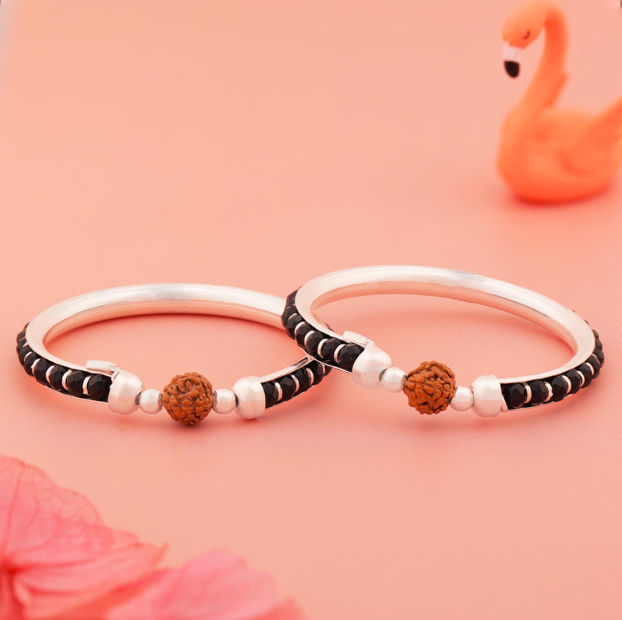 925 Sterling Silver Baby Bangles | Silver Adjustable Kids Bangles with Rudraksha Beads | Nazariya Bracelet for Boys & Girls | Safe Office Wear | Hallmarked for Infants & Toddlers | Age : 0 to 5 Years