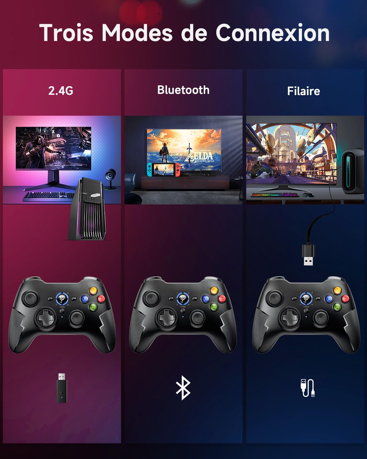 EasySMX 9013PRO Manettes PC PS3 sans Fil Rechargeable, Manette Switch Pro Bluetooth, Manette PC pour Téléphones Android iOS iPhone iPad, Noir Rouge