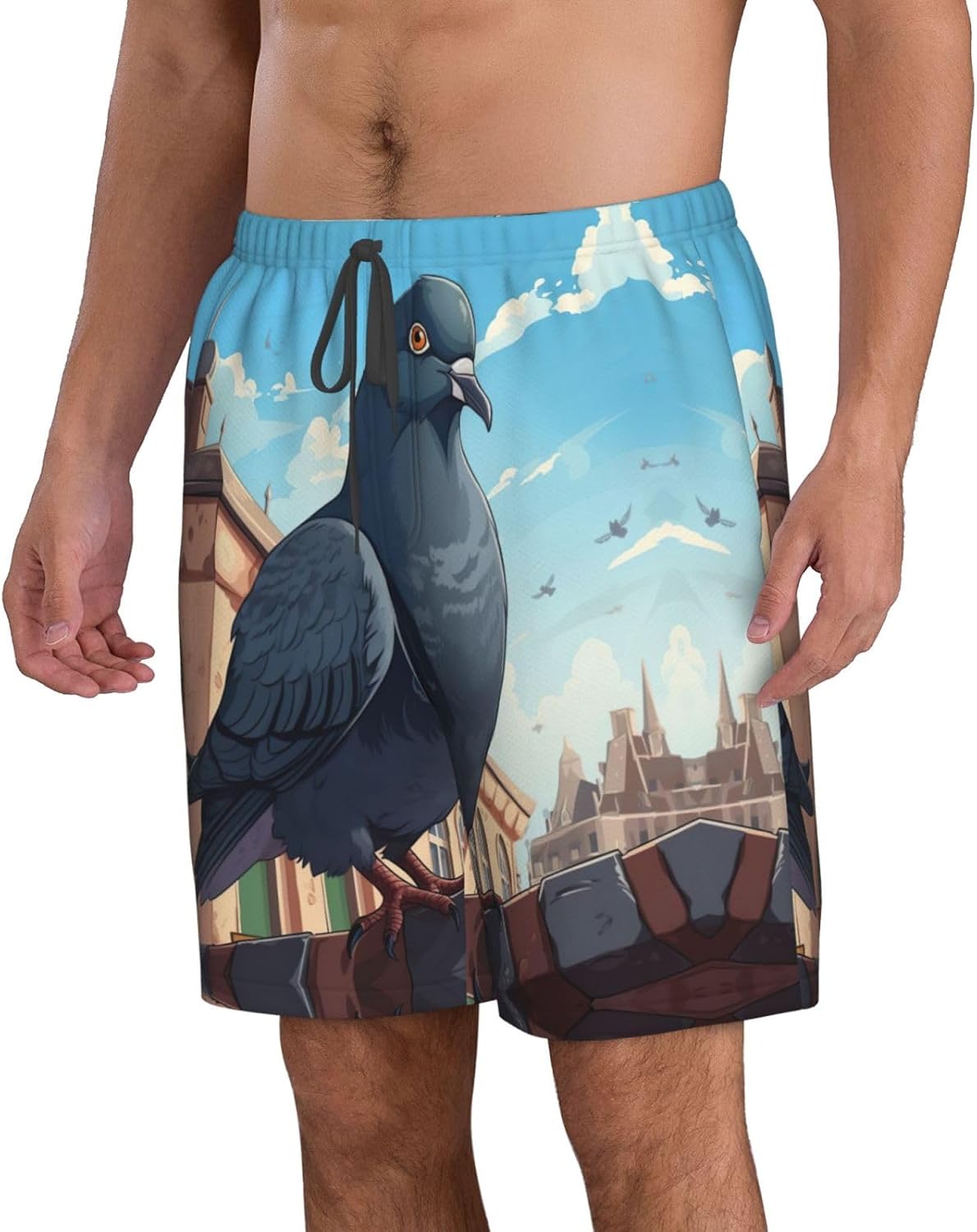 Cartoon Pigeon Print Men's Quick-Drying Shorts Casual Beach Pants Stretch Waist Shorts and Pockets