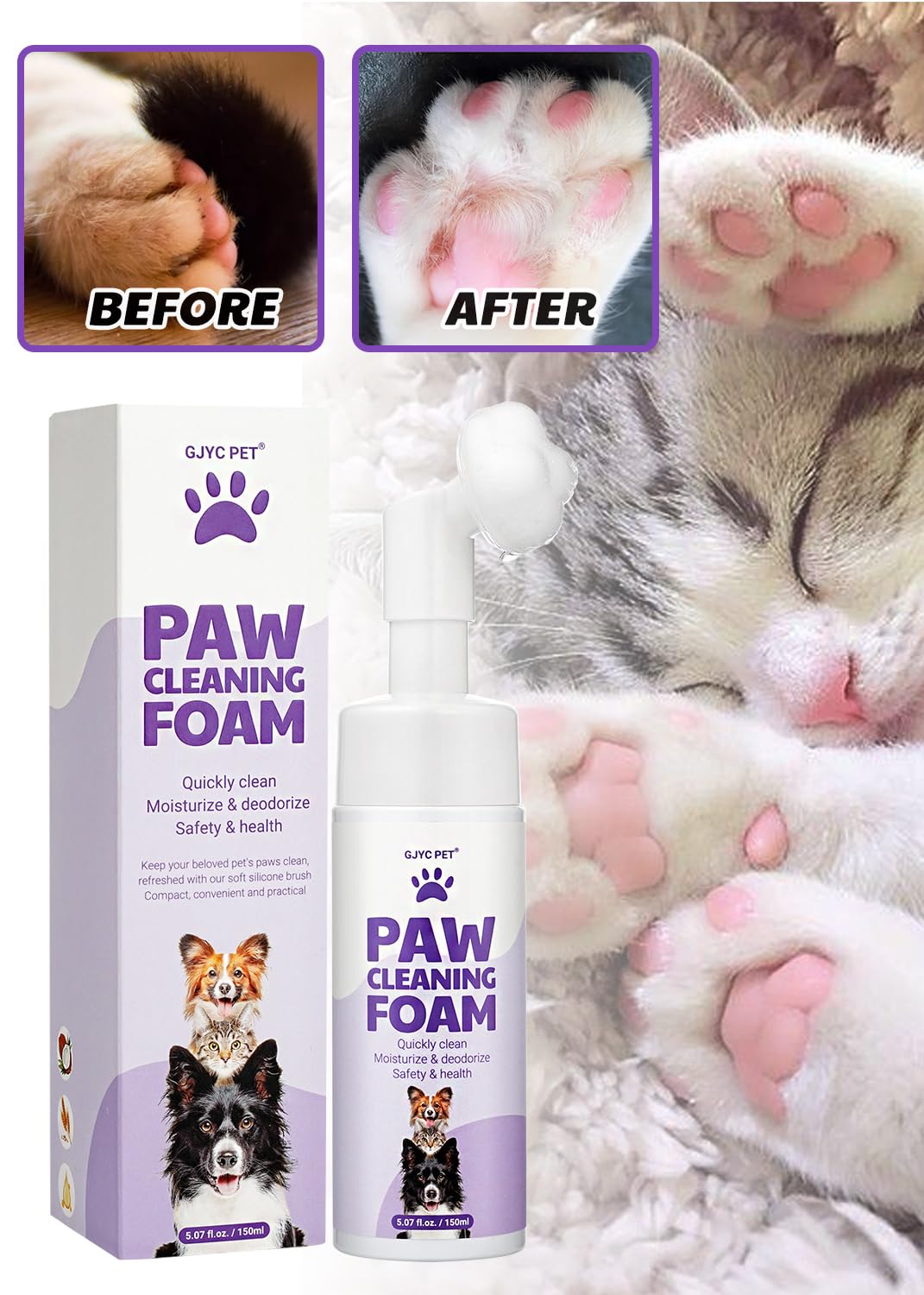 GJYC PET Schiuma Detergente Senza Risciacquo per Zampe - Detergente Senza Acqua con Spazzola in Silicone per Cani e Gatti