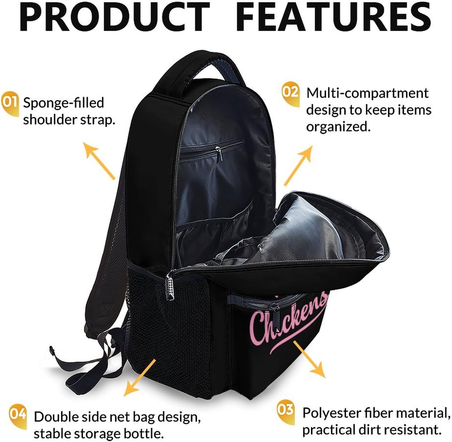 School Backpack for Girls - Cute Chicken Rooster Print Backpacks for Kids - 17" Large Capacity Black Lightweight Bookbag for Children, Funny School Suppies