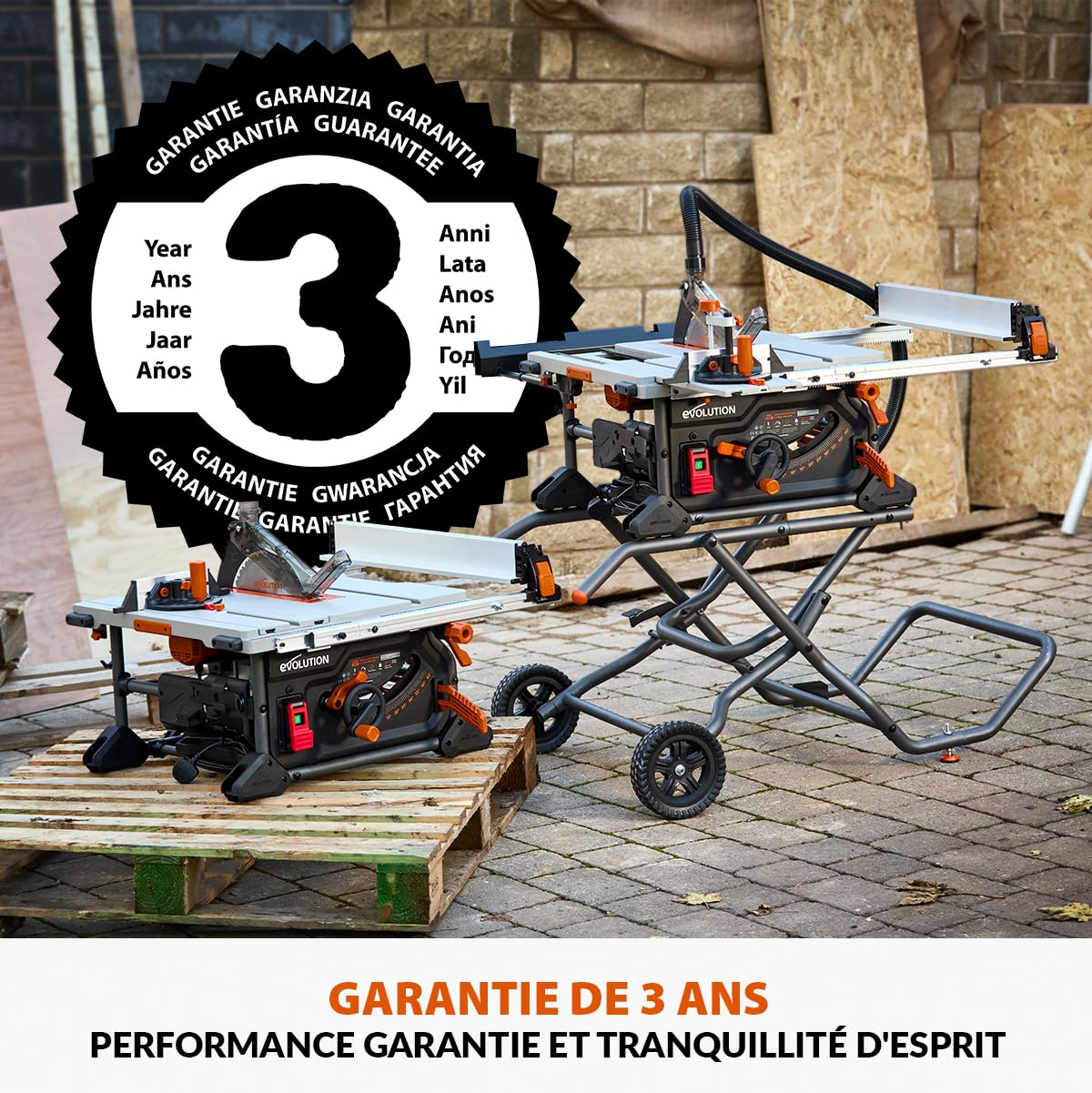 Evolution Power Tools R255TBL+ Scie De Table Rage 5-S Lame Multi-Matériaux 1800W Coupe Bois Métal Plastique Chanfrein 45° Onglet +/-60°