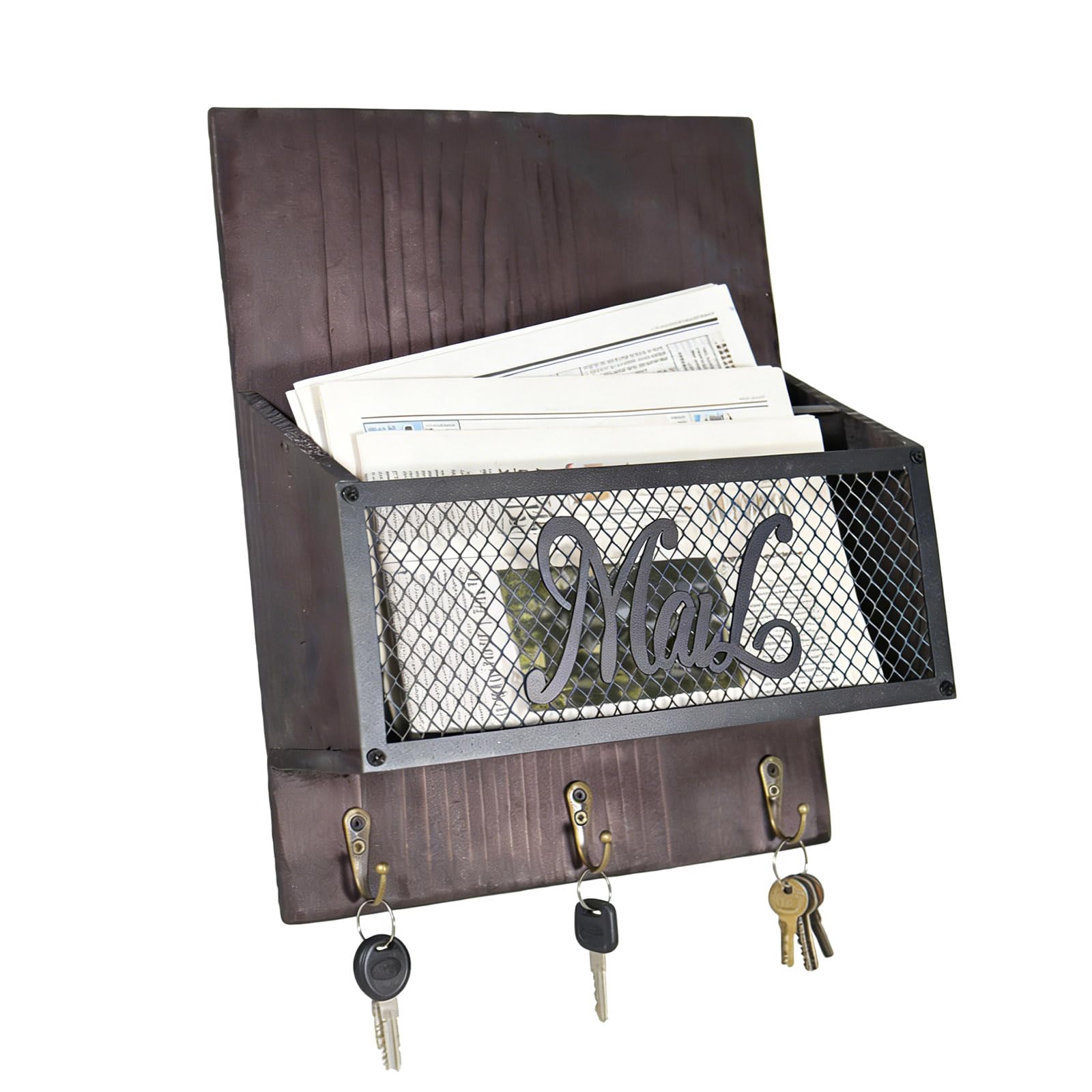 Kaeltsyn Rustics Wall Mounted Mail Organiser with Hook and Slot for Keys Letters and Small Items Wood Storage Rack Rural Wooden Mail Holder