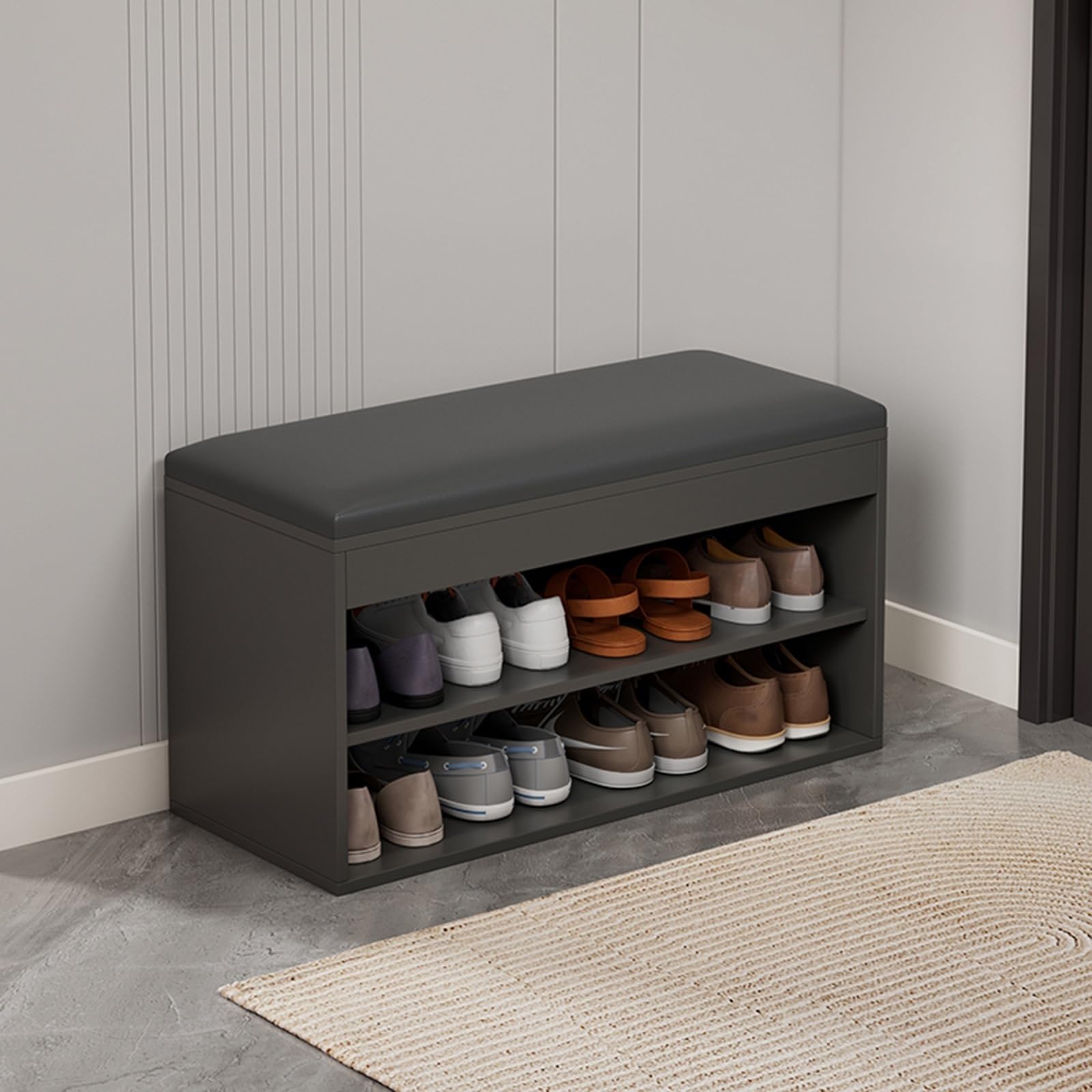 Banc à chaussures compact pour entrée étroite avec étagère de rangement basse