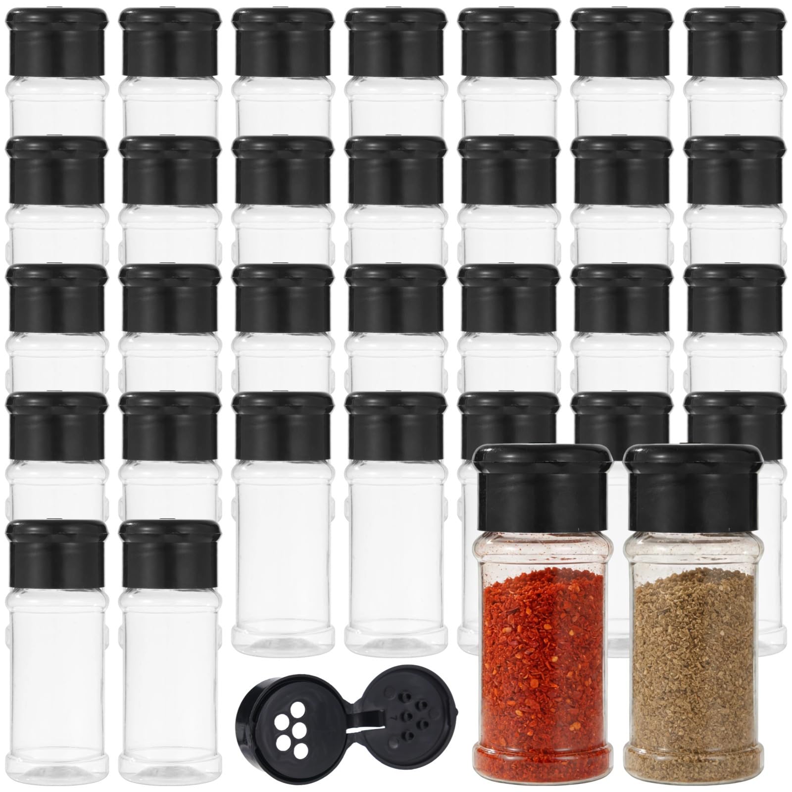 Lot de 100 pots à épices en plastique transparent avec couvercles noirs - Récipients rechargeables pour cuisine, garde-manger, herbes, épices, poudre