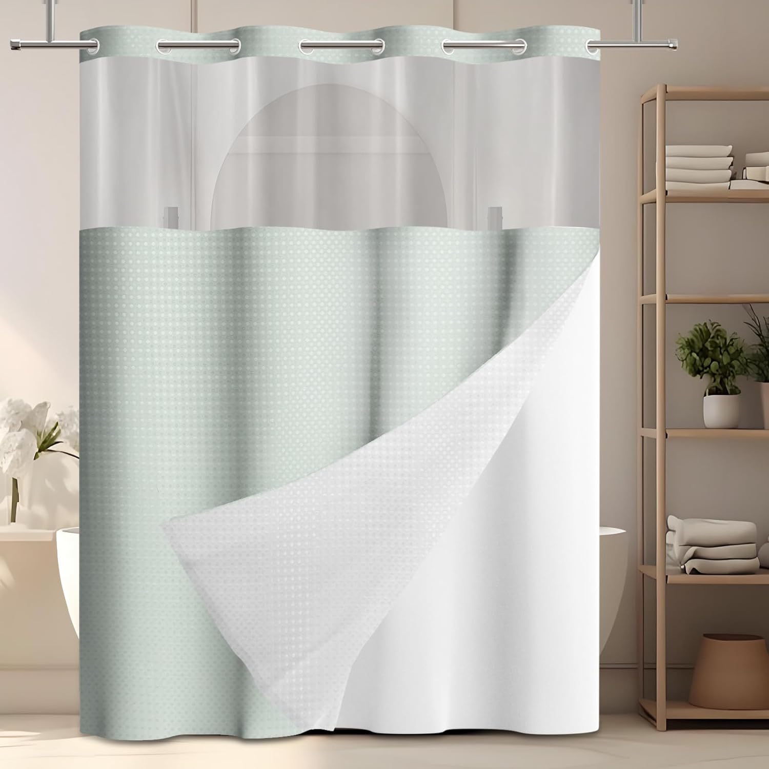 No Hook Shower Curtain with Snap in Liner, Waffle Shower Curtain Set for Bathroom, Hotel Style with Semi-Sheer Top Window, Waterproof & Washable, Sage Green, 71" W x 86" L