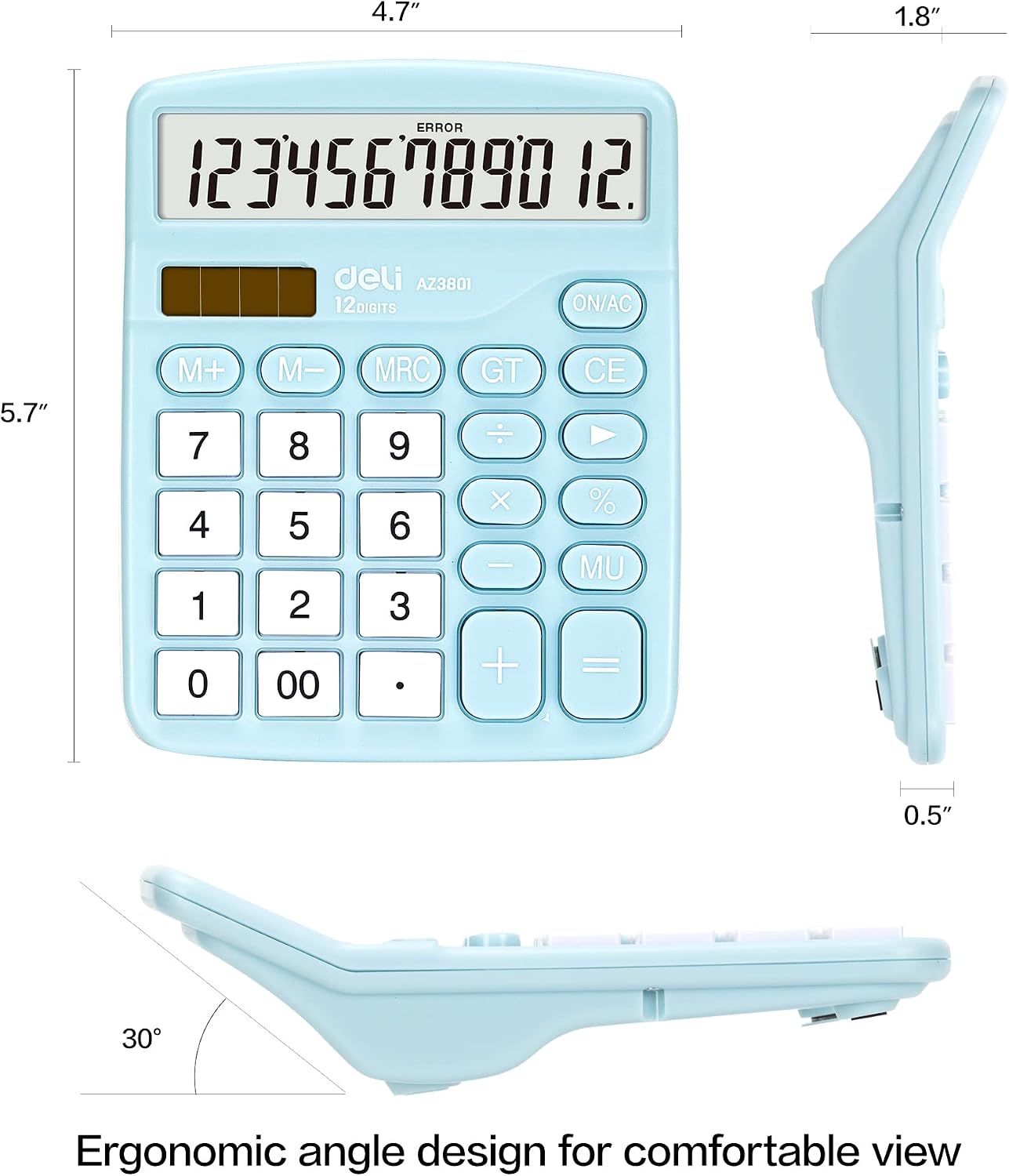 Calculator, Deli Standard Function Desktop Calculators with 12 Digit Large LCD Display and Sensitive Button, Solar Battery Dual Power Office Calculator, Blue