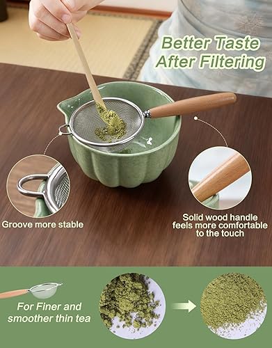 Miniatura 5 de Juego de batidor de matcha, kit de matcha incluye cuenco matcha, batidor de matcha y soporte, cuchara de bambú, cuchara, tamiz y toalla de té, 7