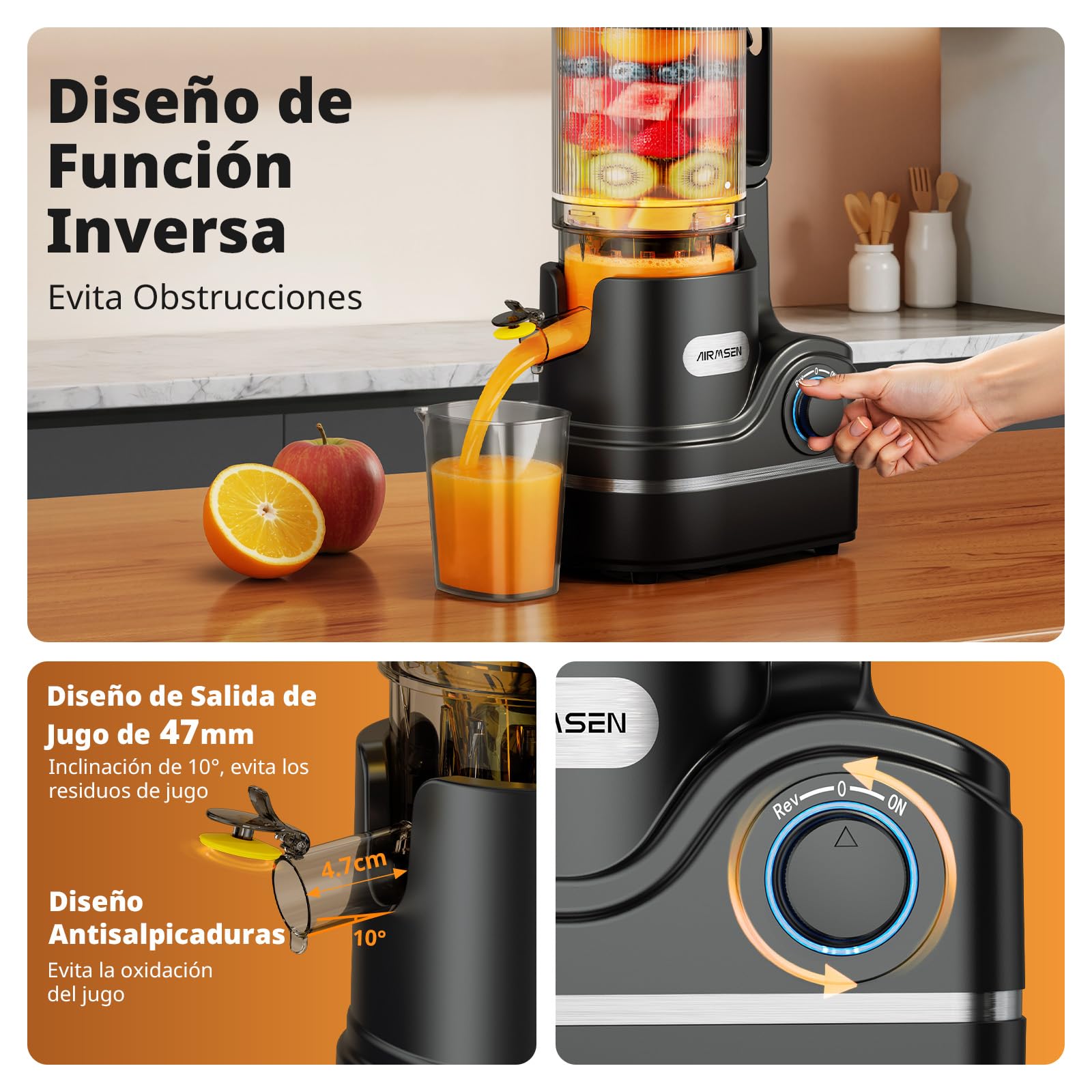 AIRMSEN Extractor de Zumos y Verduras 147MM Apertura Extractor, Capacidad de 2,1 L, Extractor de Jugo Prensado en Frío, Motor de 300 W, Licuadora Silenciosa y Eficiente, Fácil de Limpiar Negro