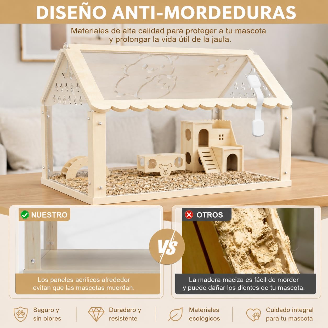 Jaula para Hámster, Hábitat Transparente de Acrílico para Hámsteres Enanos y Pequeños Roedores con Escalera, Túnel y Casa, 60 × 30 × 40 cm