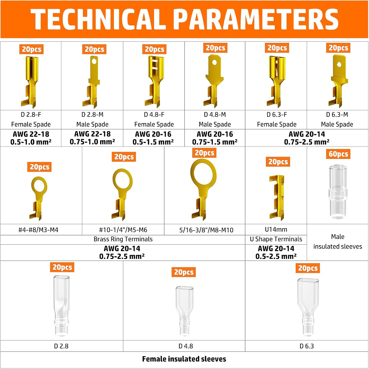 PEBA Open Barrel Crimping Tool Kit - 10 Sizes Quick Splice Male and Female Wire Spade Connectors with Ratcheting Crimper AWG 24-14, Ring Terminals for Electrical Wiring Car Audio Speaker Connectors