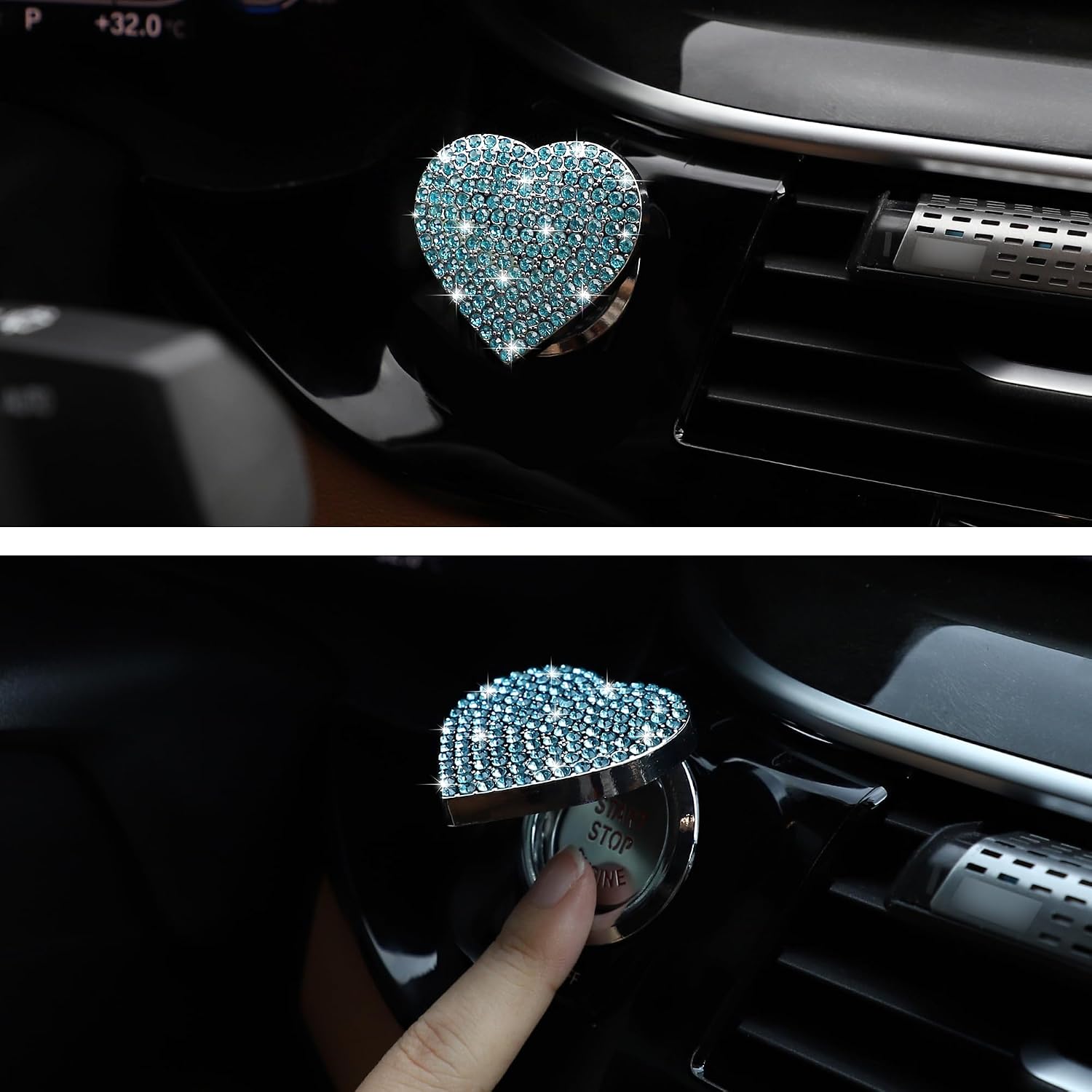 TOMALL Bling Car Engine Start Button Cover Diamond Interior Crystal Push Start Button Ring Cap Sparkly Accessory Heart Bling Ignition Button Rhinestone Engine Ring Universal for Car (Light Blue) image 5