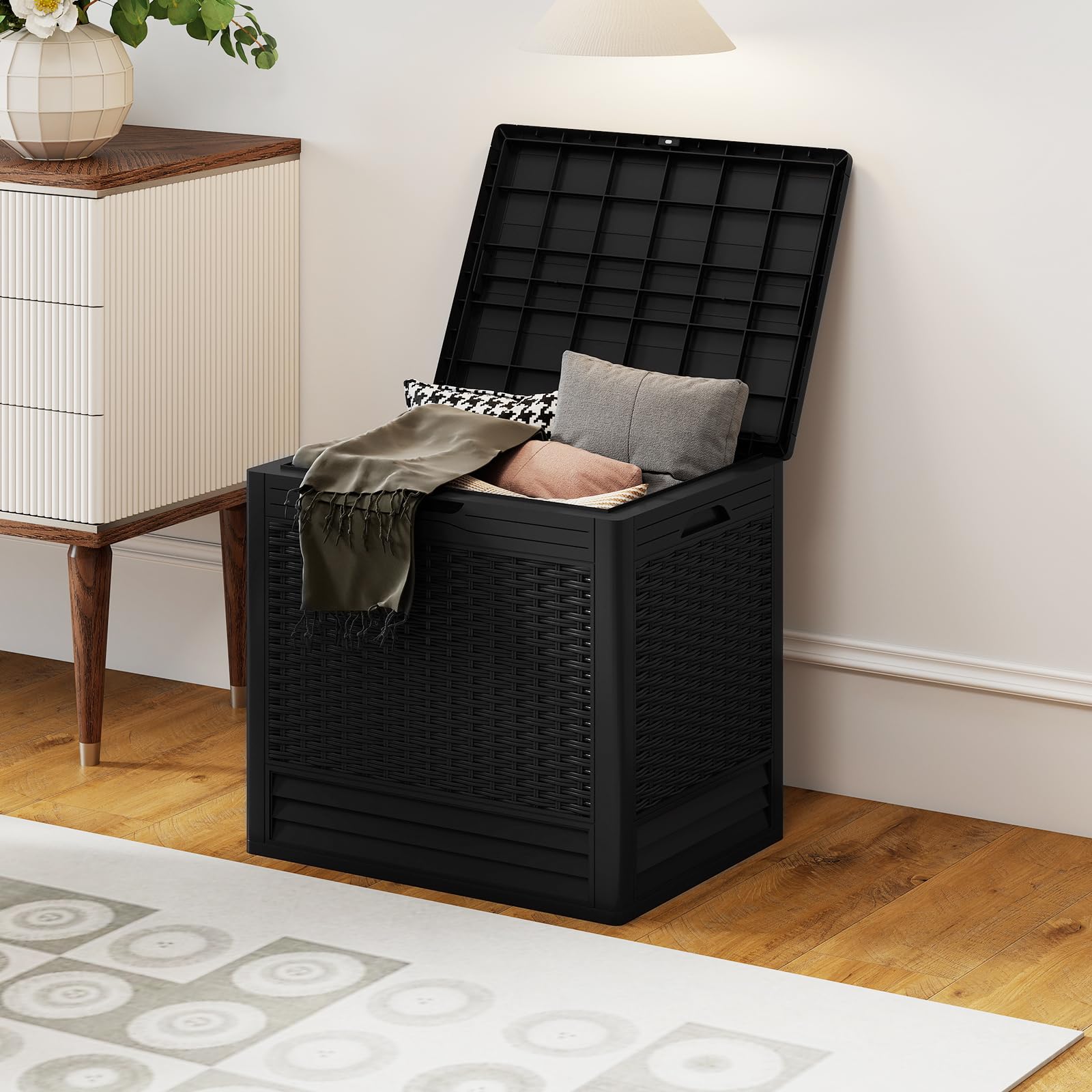 GIANTEX 96L Gartenbox, wasserdichte Auflagenbox für In- & Outdoor, abschließbarer Aufbewahrungsbox Rattanoptik, Kissenbox für Paketlieferung, Poolzubehör & Gartengeräte (Schwarz)